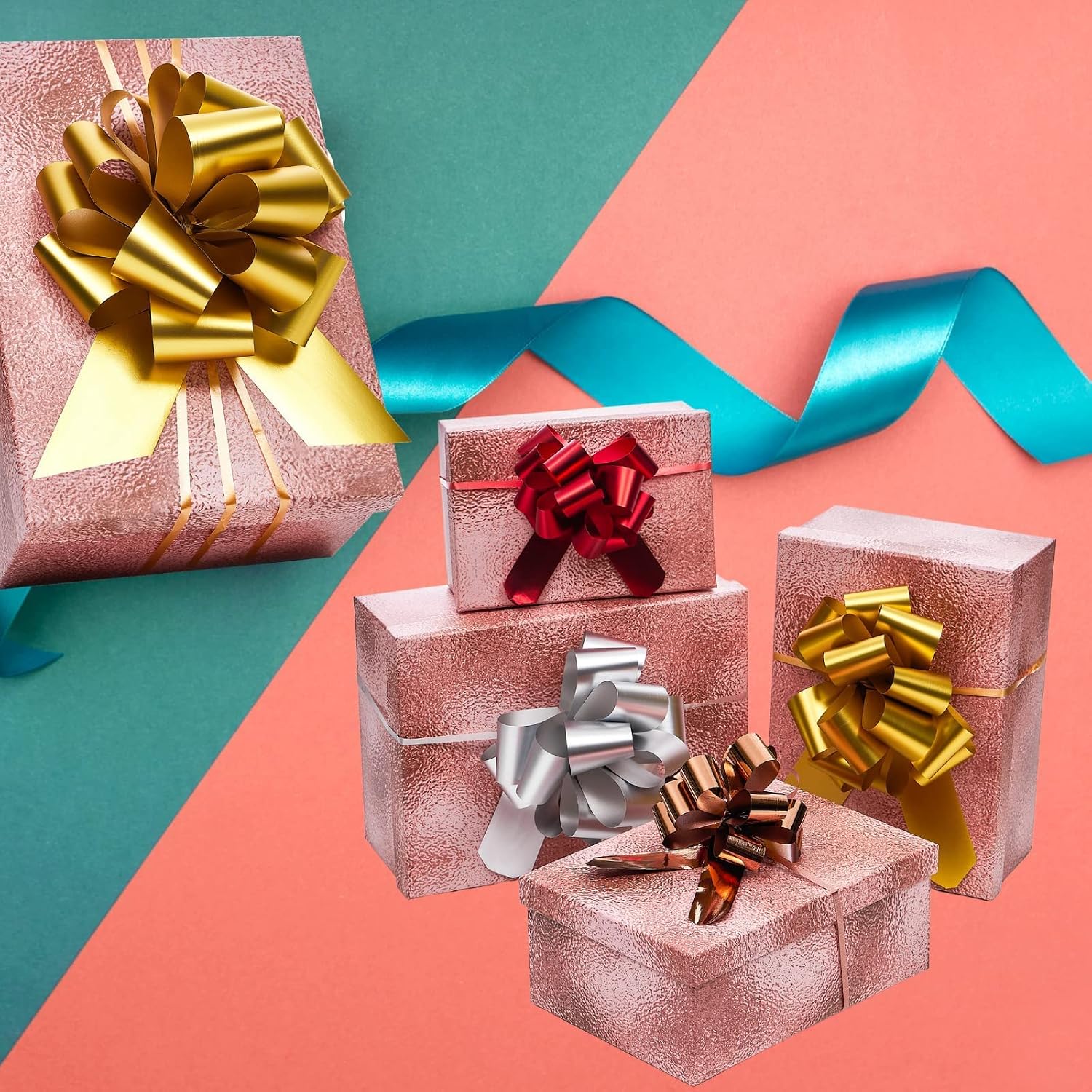 UNIQOOO Assorted Gift Wrap Pull Bow Set of 48, Medium 4'' Large 6'', Bulk for Gift Wrapping Basket Box Bag Décor, Valentines Day Wedding Birthday Christmas Anniversary, Metallic Rose Gold Red Sliver image 5