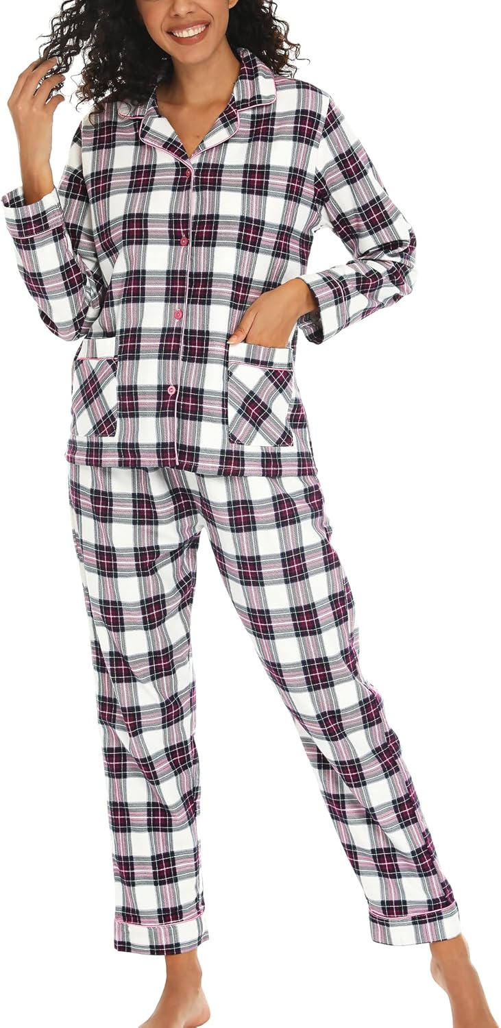ENJOYNIGHT Womens Cotton Flannel Pajamas Set Long Sleeve Button Down Sleepwear Set - Image 2