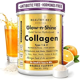 HealthyHey Skin Glow-n-Shine® Collagen Powder 200g | Hydrolysed Collagen for Women and Men with Hyaluronic Acid, Biotin and Vitamin C for Healthy Skin, Hair and Nails - (Orange, 200gm)