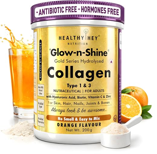 HealthyHey Skin Glow-n-Shine® Collagen Powder 200g | Hydrolysed Collagen for Women and Men with Hyaluronic Acid, Biotin an...