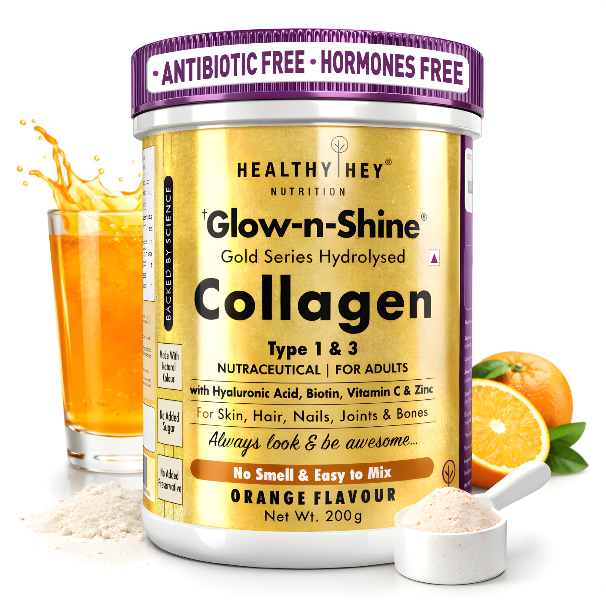 HealthyHey Skin Glow-n-Shine® Collagen Powder 200g | Hydrolysed Collagen for Women and Men with Hyaluronic Acid, Biotin and Vitamin C for Healthy Skin, Hair and Nails - (Orange, 200gm)