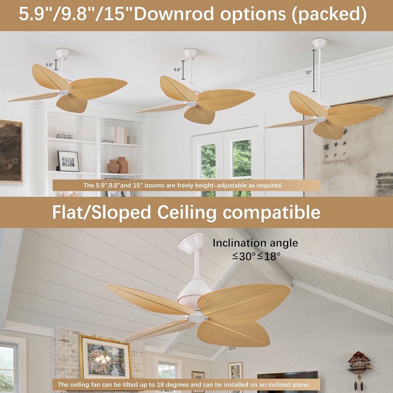 52" Ceiling Fan Without Lights, Tropical Ceiling Fans with APP and Remote Control, Indoor Palm Leaf Ceiling Fans for Living Room Bedroom Patios (Light Wood Grain)