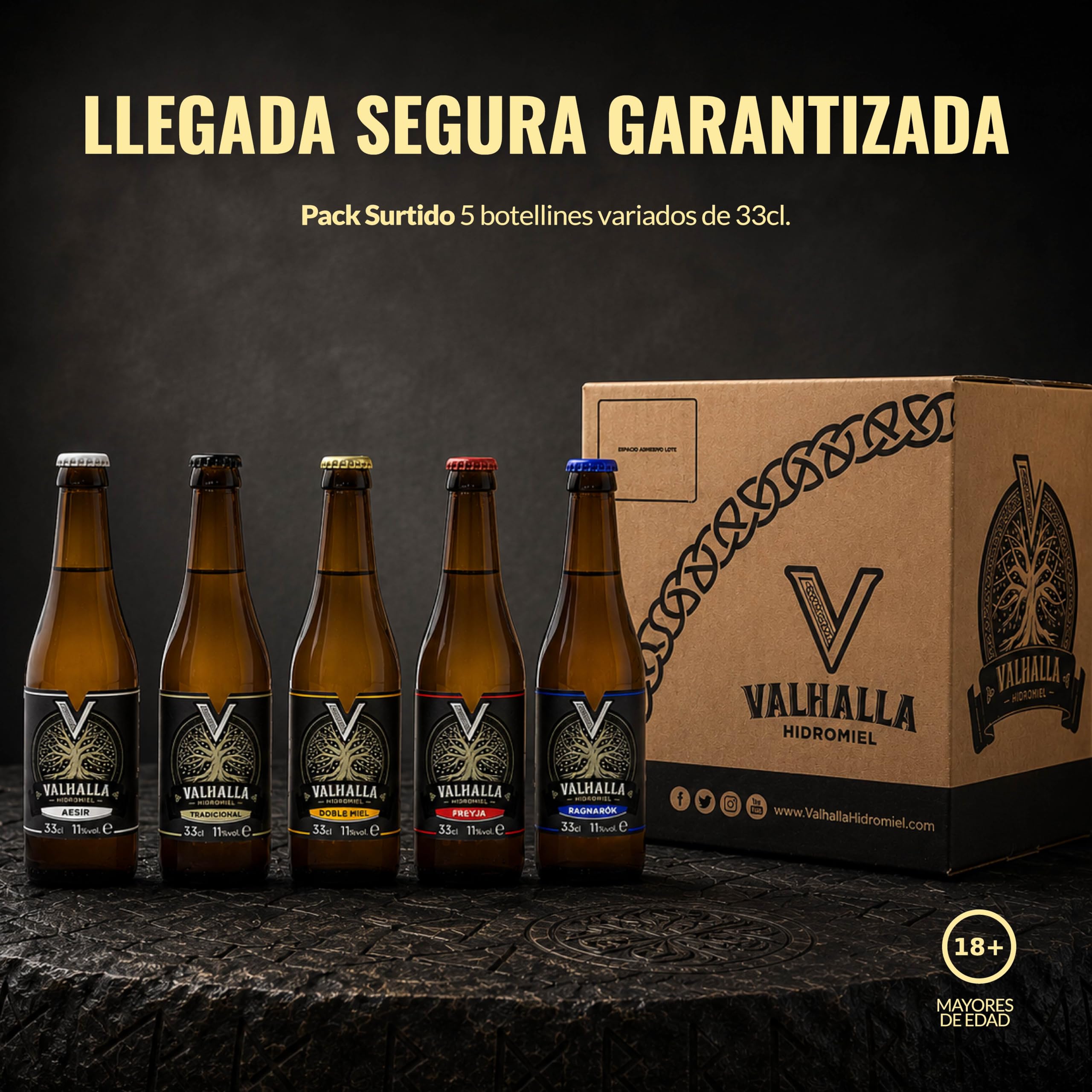 Valhalla Hidromiel Pack Degustación | Surtido 5 Variedades Estilo Cerveza Vikinga Sin Gluten ni Sulfitos | Miel de Flores con Sabores Artesanales | Selección Premium | 12 Botellines de 33cl