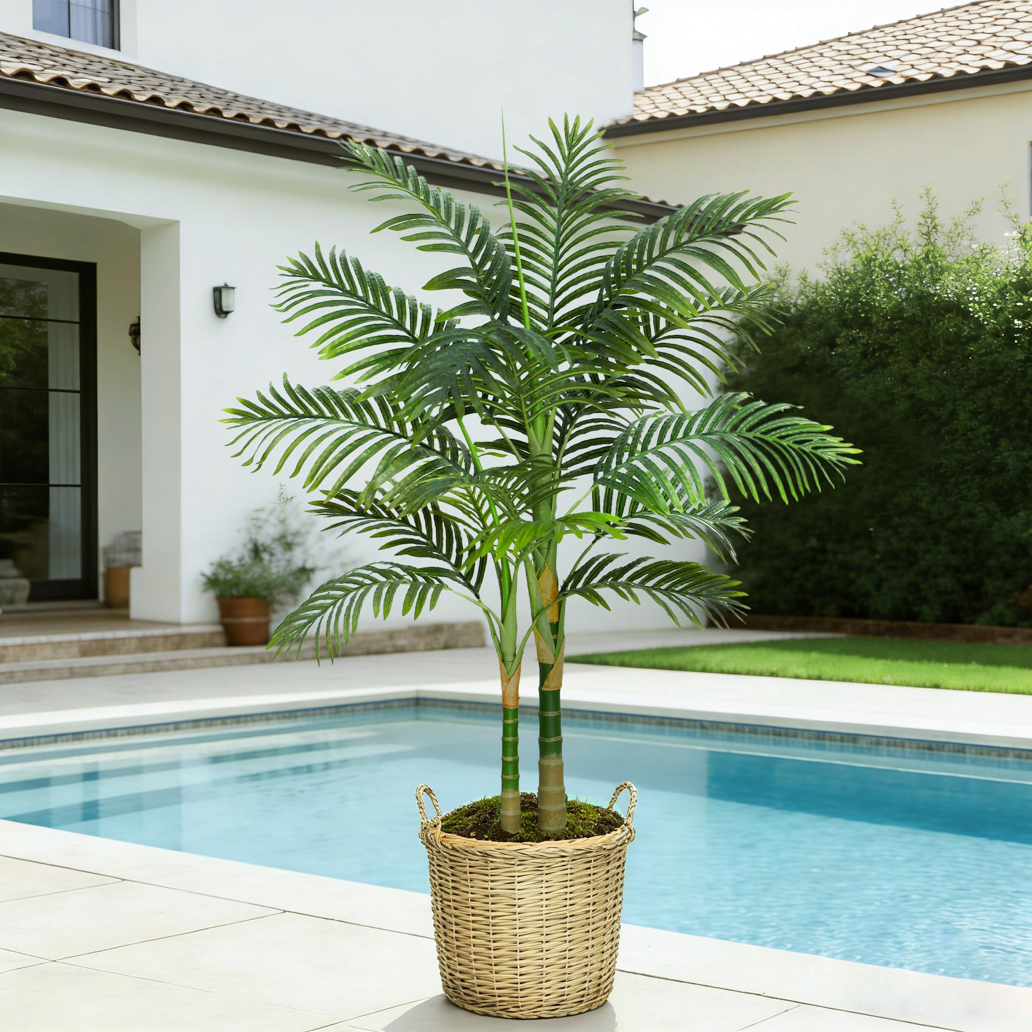 Künstliche Goldene Palme 120cm, Kunstpflanze Groß Palm mit Schwarzer Topf | Fake Plant mit 2 Stämme und 15 Blätter, Kunstpflanzen Wie Echt für Zimmerdeko Wohnzimmer Schlafzimmer Büro Balkon Dekoration