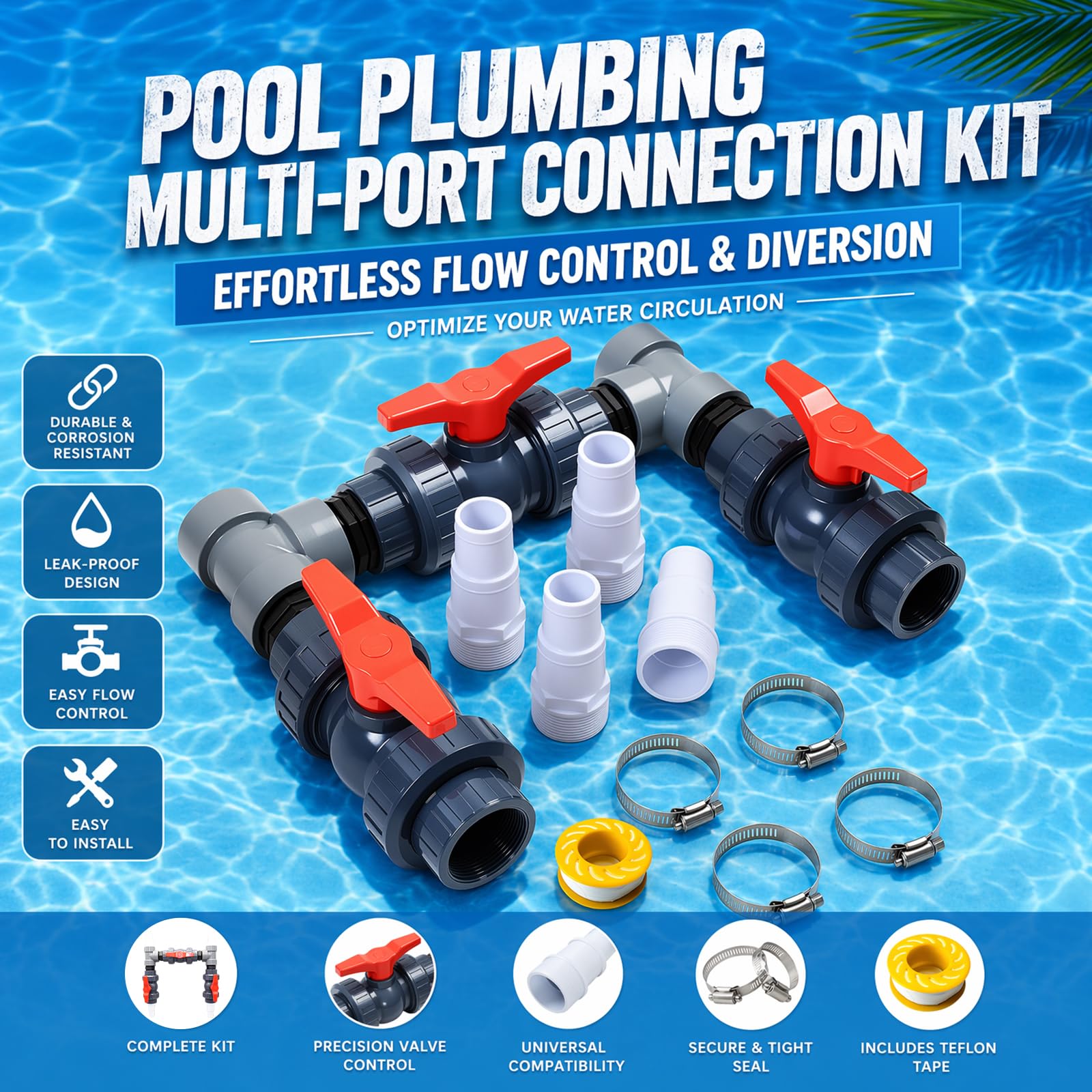 Bypass - Set per piscina da 50 mm, pompa di calore, connettore per piscina, pompa di calore con tubi da 32 mm e 38 mm, riscaldamento solare per piscina