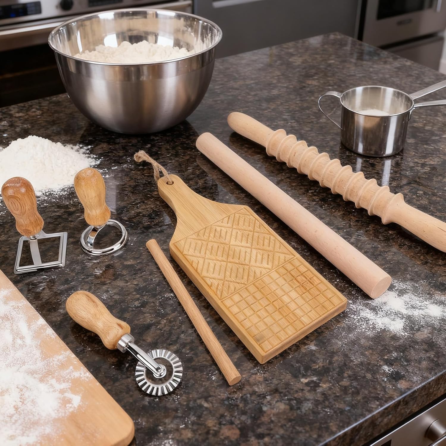 BAFOVY Pasta Maker Tool Kit Wooden Pasta Cutter Stainless Steel Dumpling Maker with Rolling Pin for Home Kitchen Cooking Baking