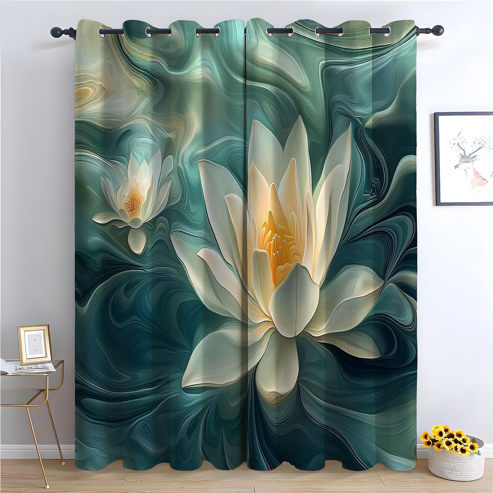 WIKEO Floral Curtains Graffiti Flowers Nature Forest Printed Room Darkening Curtain for Bedroom, Privacy Eyelet Thermal Insulated Green Curtain for Girls Room-52 W x 96" L (Pack of 2)