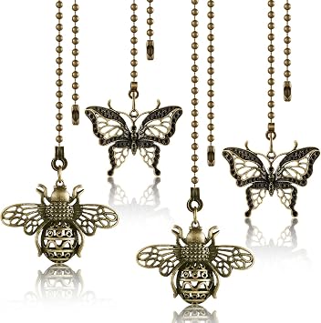 Mtlee 4 Pack Vintage Ceiling Fan Pull Chain Ornaments, 13 Inch Bee Butterfly Decorative Fan Chain Extenders, Bronze Pull Chains Decorative with Connector Ornaments for Ceiling Fans, Lamps
