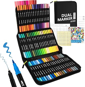 Betem Markers for Adult Coloring Books No Bleeding, 72 Colors Dual Tip Coloring Markers for Adults