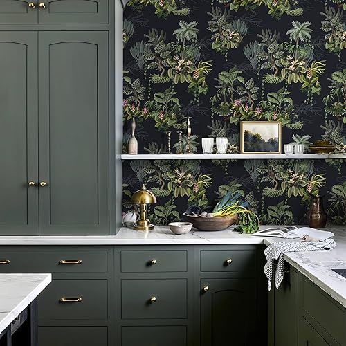 Vista 39 de Ismoon Papel tapiz verde para despegar y pegar, diseño bohemio floral y hojas en papel adhesivo grueso, papel adhesivo botánico oscuro, extraíble