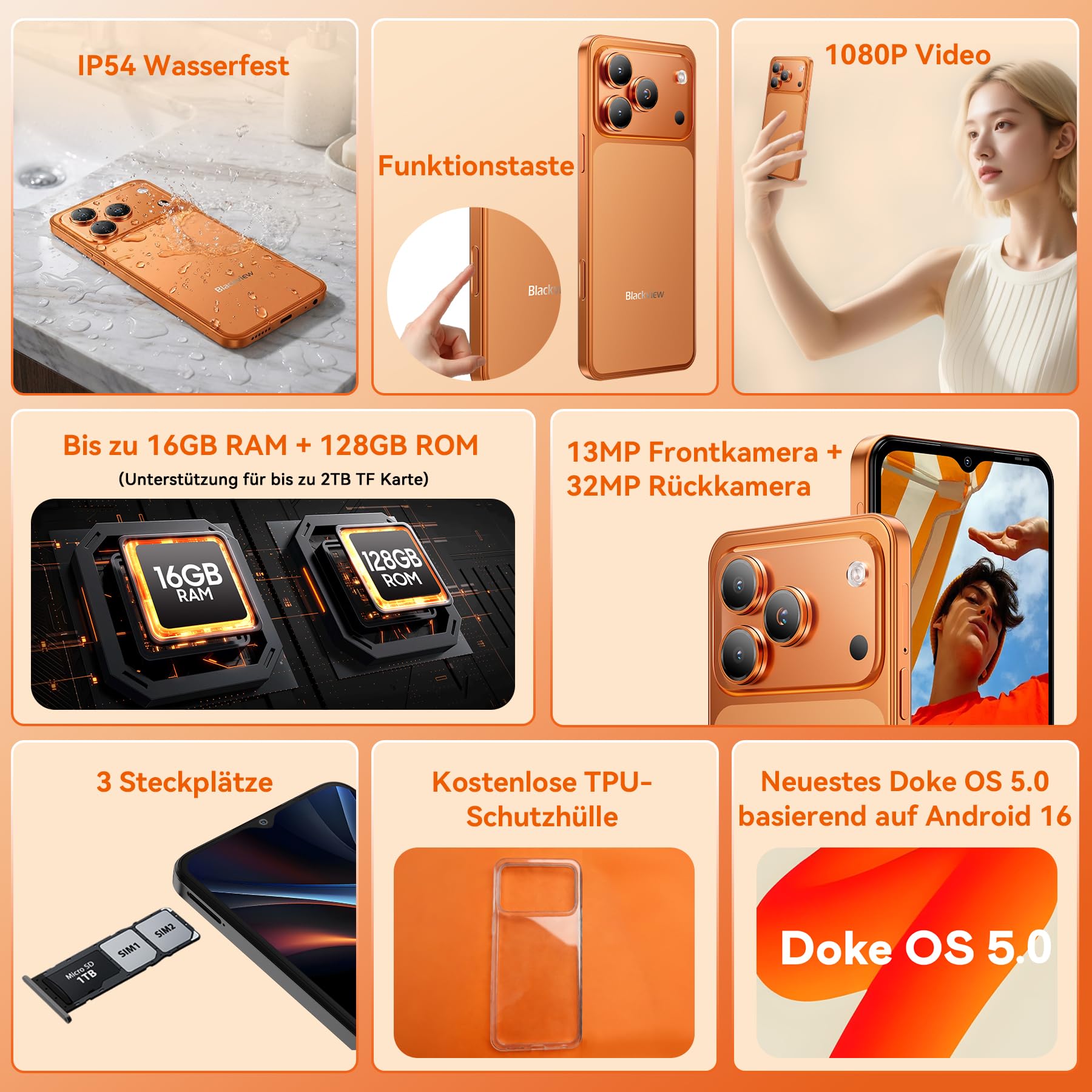 Blackview Wave 7C Smartphone Ohne Vertrag, Android 16 Handy Günstig, 16GB+128GB/2TB TF, KI 32MP+13MP, 6.56'' Handy, 4G Dual SIM Simlockfreie Handys/IP54/Gemini AI/3.5mm Jack/3 Slots/3 Jahre Garantie