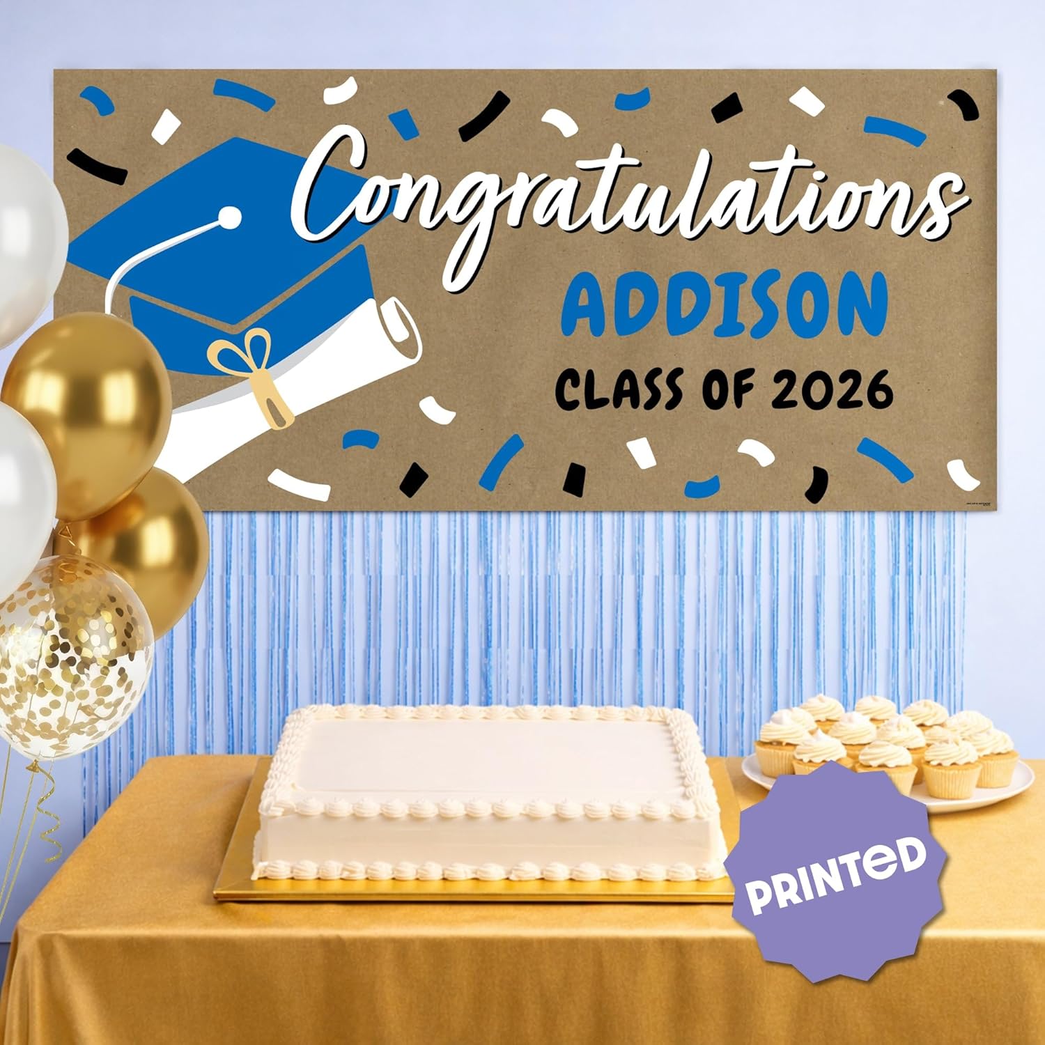 Big Dot of Happiness Personalized Blue Graduation Kraft Paper Banner, Congratulations Custom Name Printed Brown Paper Party Sign Decoration – 1 Count