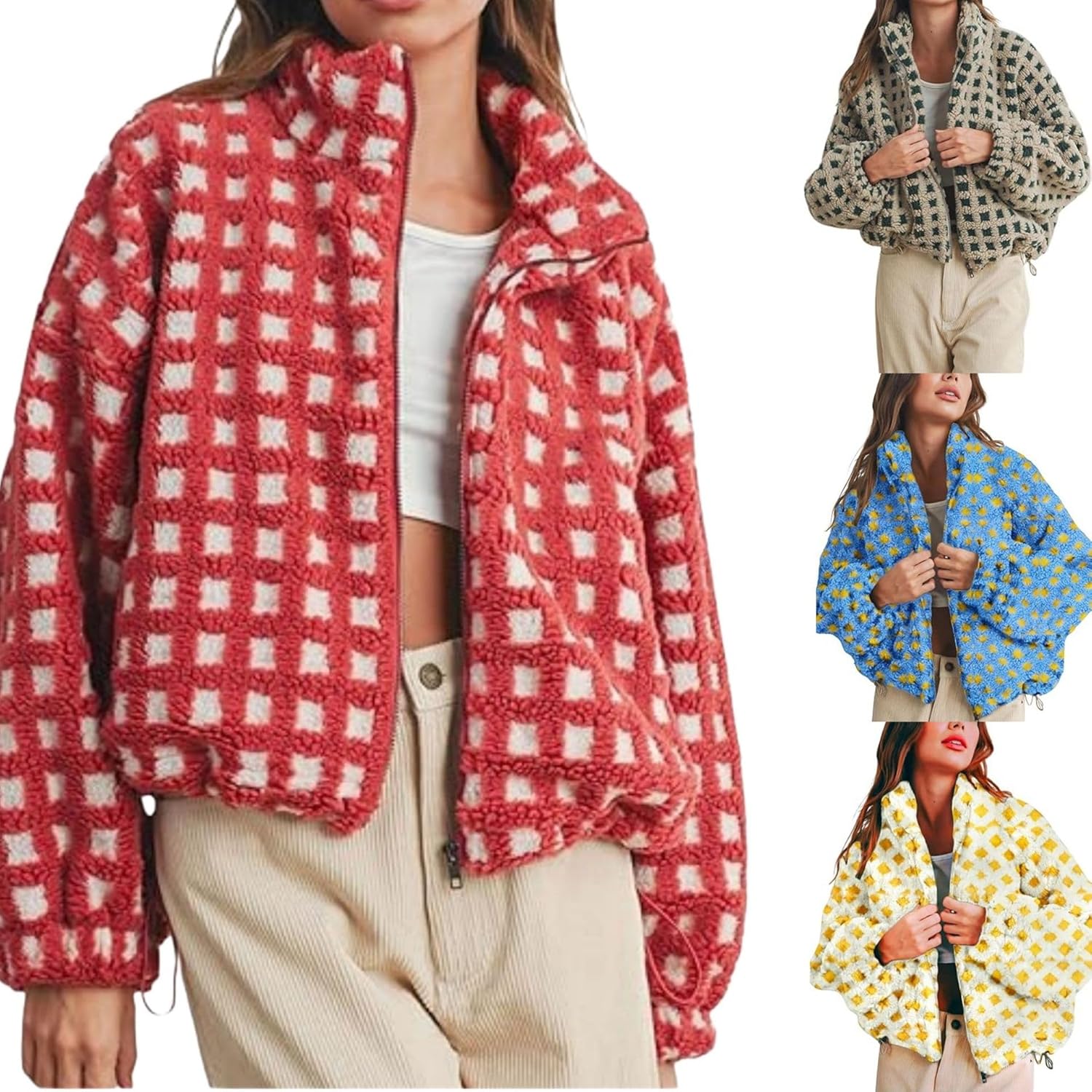 utcoco Women's Casual Cropped Sherpa Fleece Plaid Jacket Zip Up Chunky Teddy Checkered Coat Outerwear - Image 2