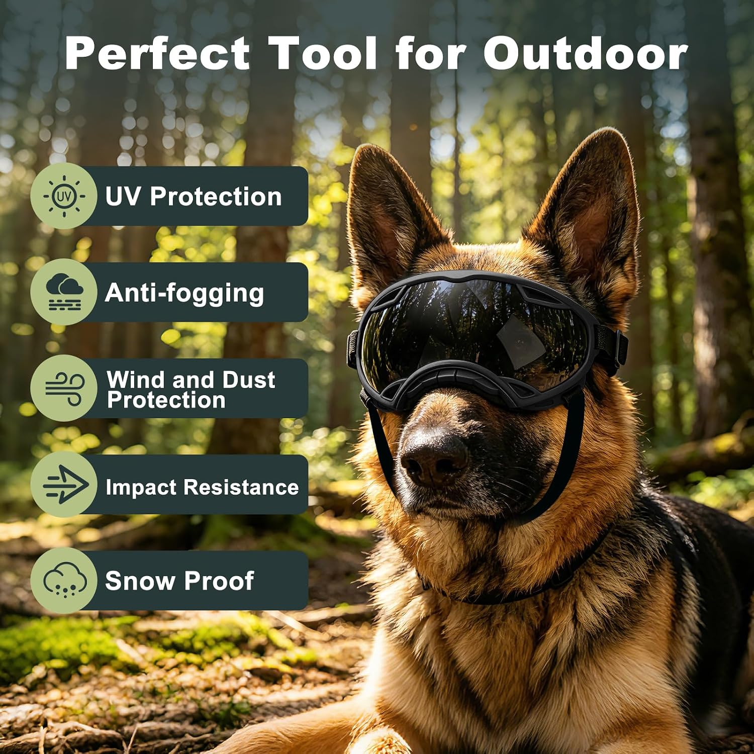 UV Protection Windproof Dog Goggles for Medium Large Dogs, Black | Pet Sunglasses with Adjustable Strap and Soft TPU Frame, Dog Eyewear with Silver Lens for Summer Driving and Winter Snow