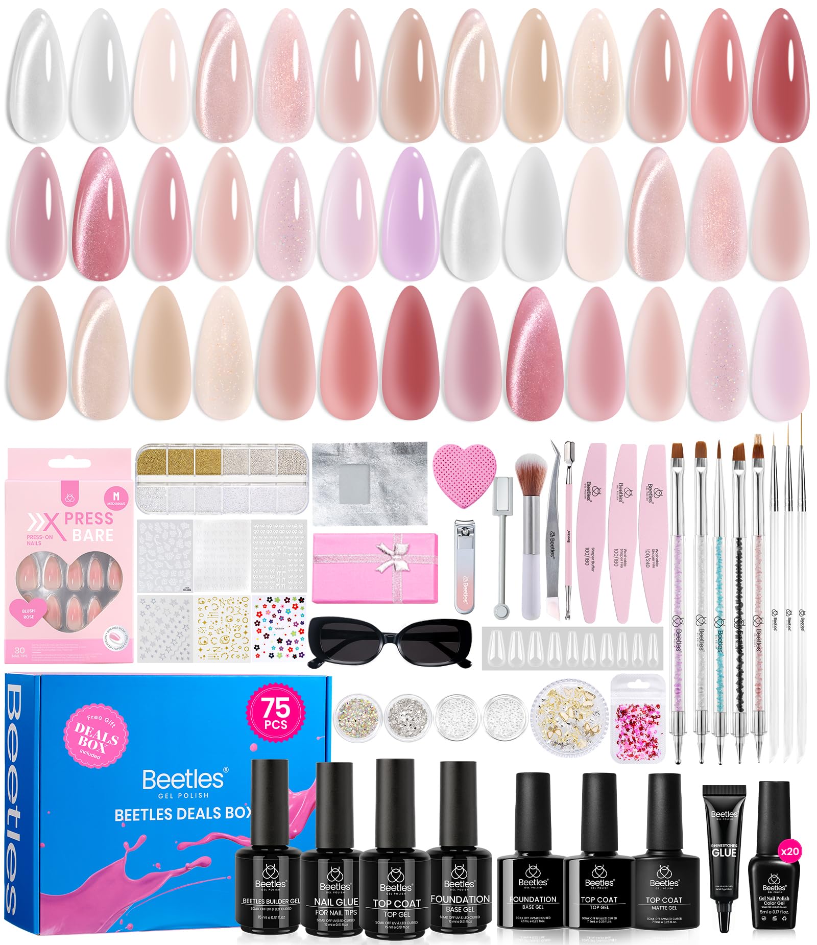 Beetles Jelly Gel Nail Polish Set - Christmas Gift Box Nude Sands Collection 75 PCS Jelly Nail Polish Kit Nude Pink Milky White Glitter Silver Cat Eye Base Glossy Matte Top Coat Winter Gift for Women