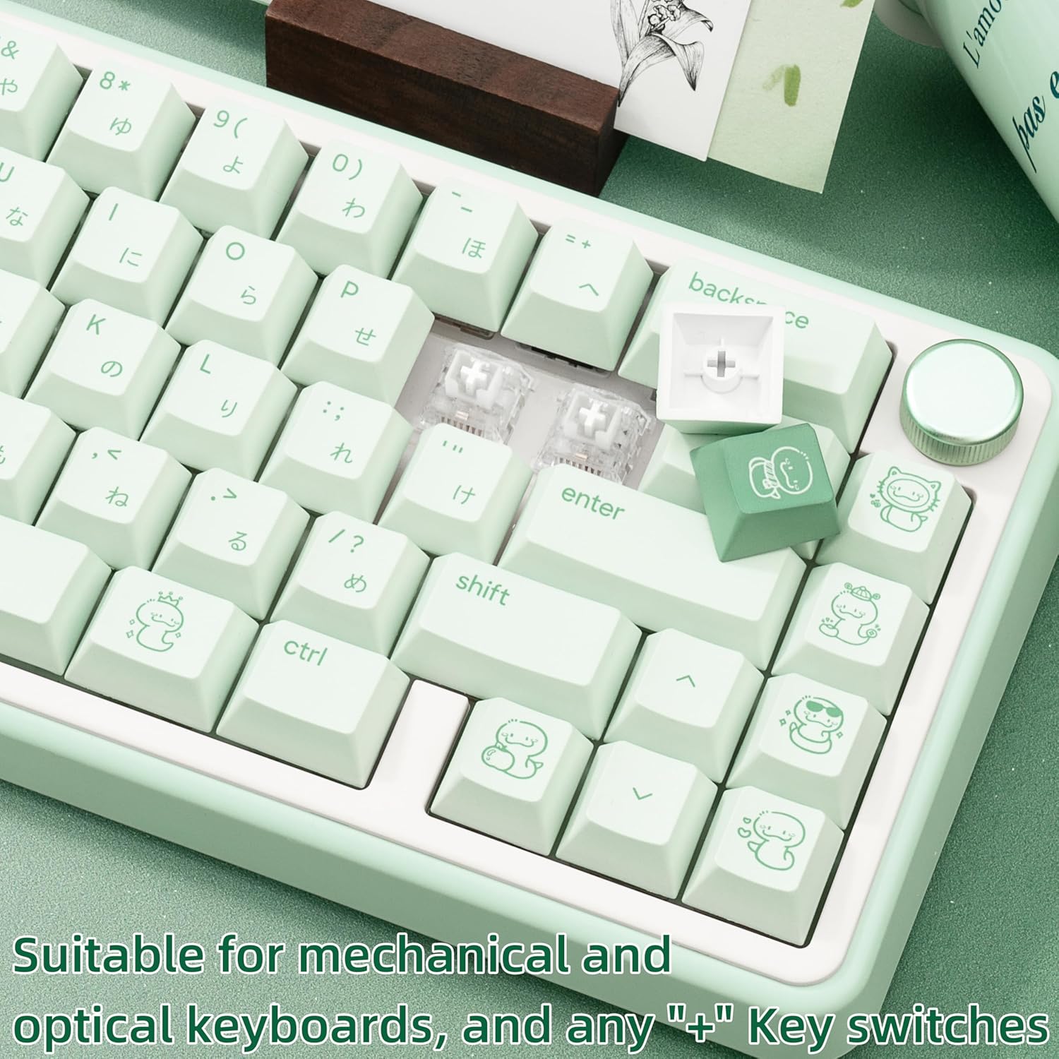 134 Keys Gradient Green PBT Keycaps - 5-Side Dye-Sublimation Cute Snake Elements, Japanese Root Characters, Cherry Profile Keycaps Set for Mechanical Keyboard (60/65/75/80/100 Layouts)