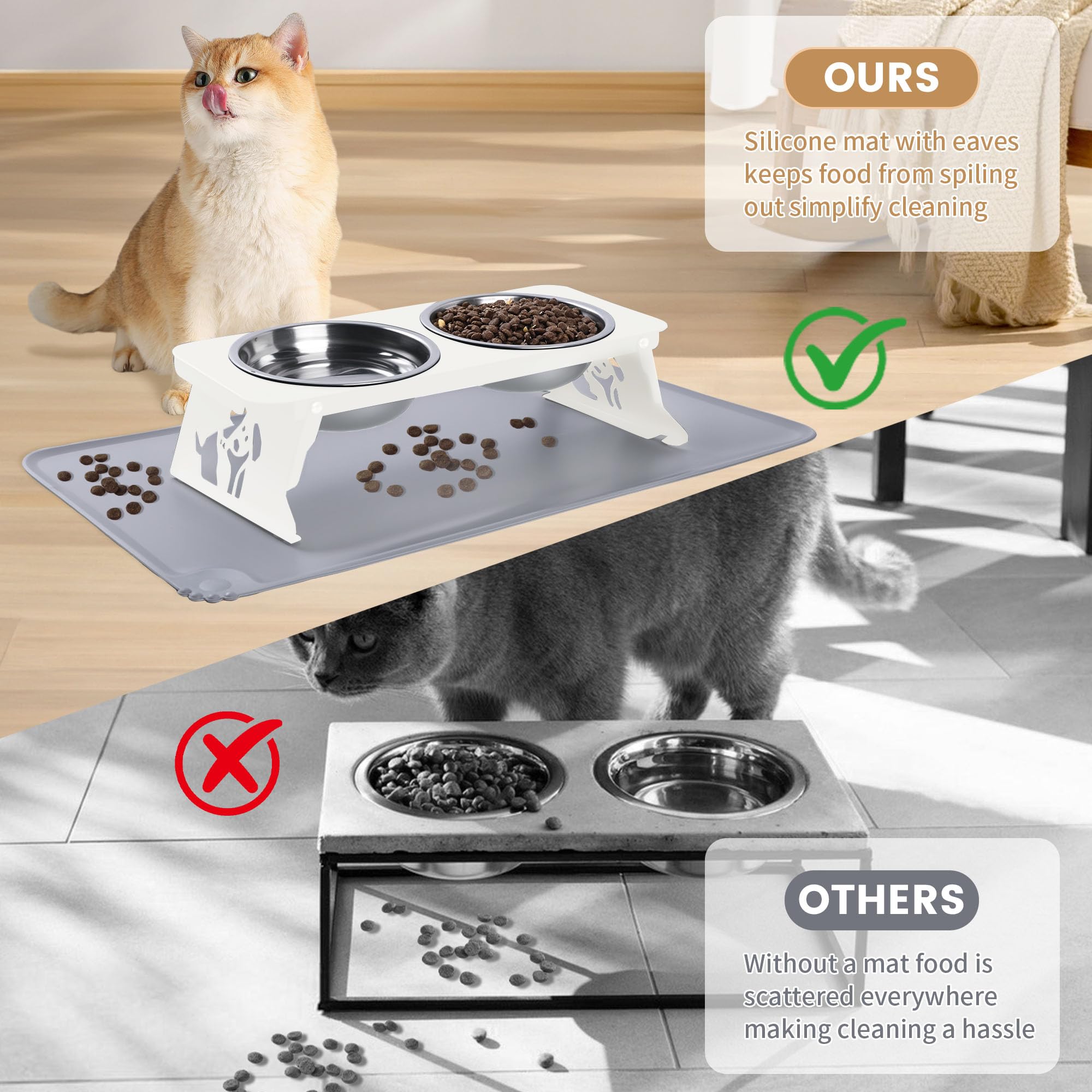 Erhöhte Katzennäpfe, 2 erhöhte Futternäpfe aus Edelstahl mit Silikonmatte, zusammenklappbar, Keine Montage, zusammenklappbar, erhöht für den Innenbereich, leicht zu reinigen und aufzubewahren