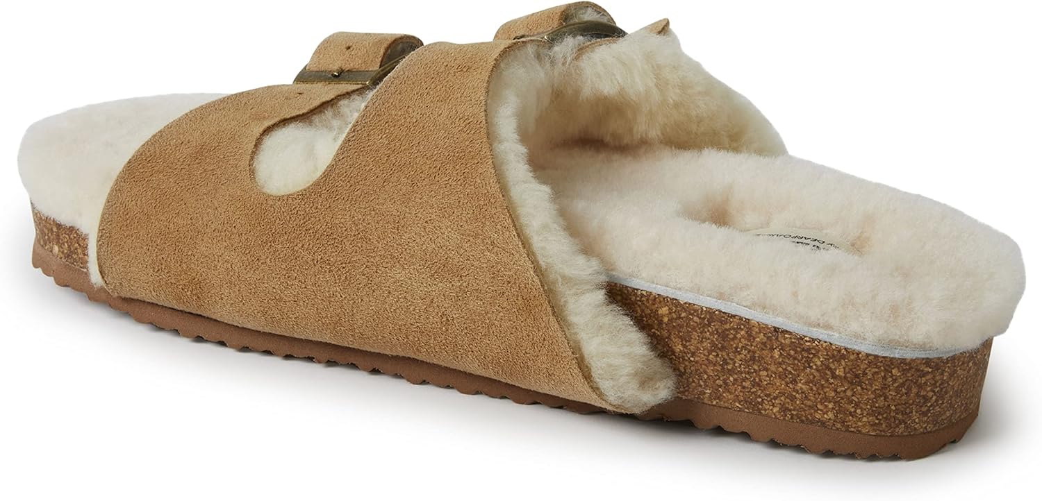 Dearfoams Women's Fireside Tamworth Shearling Slide Sandal With Cork Footbed and Adjustable Buckles