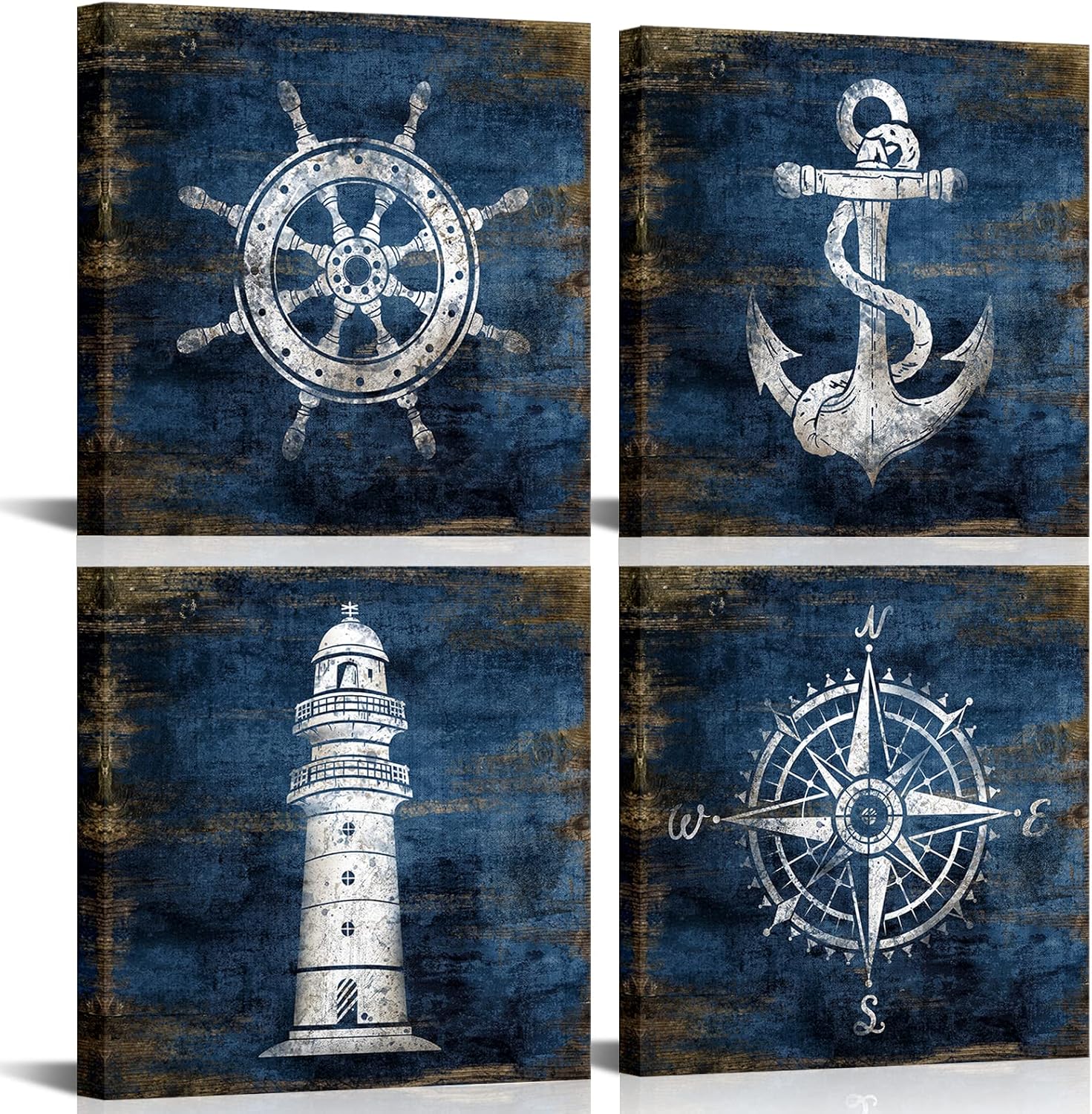 KLVOS Nautical Canvas Wall Art Navy Blue Boat Anchor Paintings Helm Drawing Compass Lighthouse Rustic Style Beach Home Decor Ready to Hang for Bathroom Living Room 12x12 Inchx4 Panels
