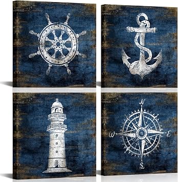 KLVOS Nautical Canvas Wall Art Navy Blue Boat Anchor Paintings Helm Drawing Compass Lighthouse Rustic Style Beach Home Decor Ready to Hang for Bathroom Living Room 12x12 Inchx4 Panels