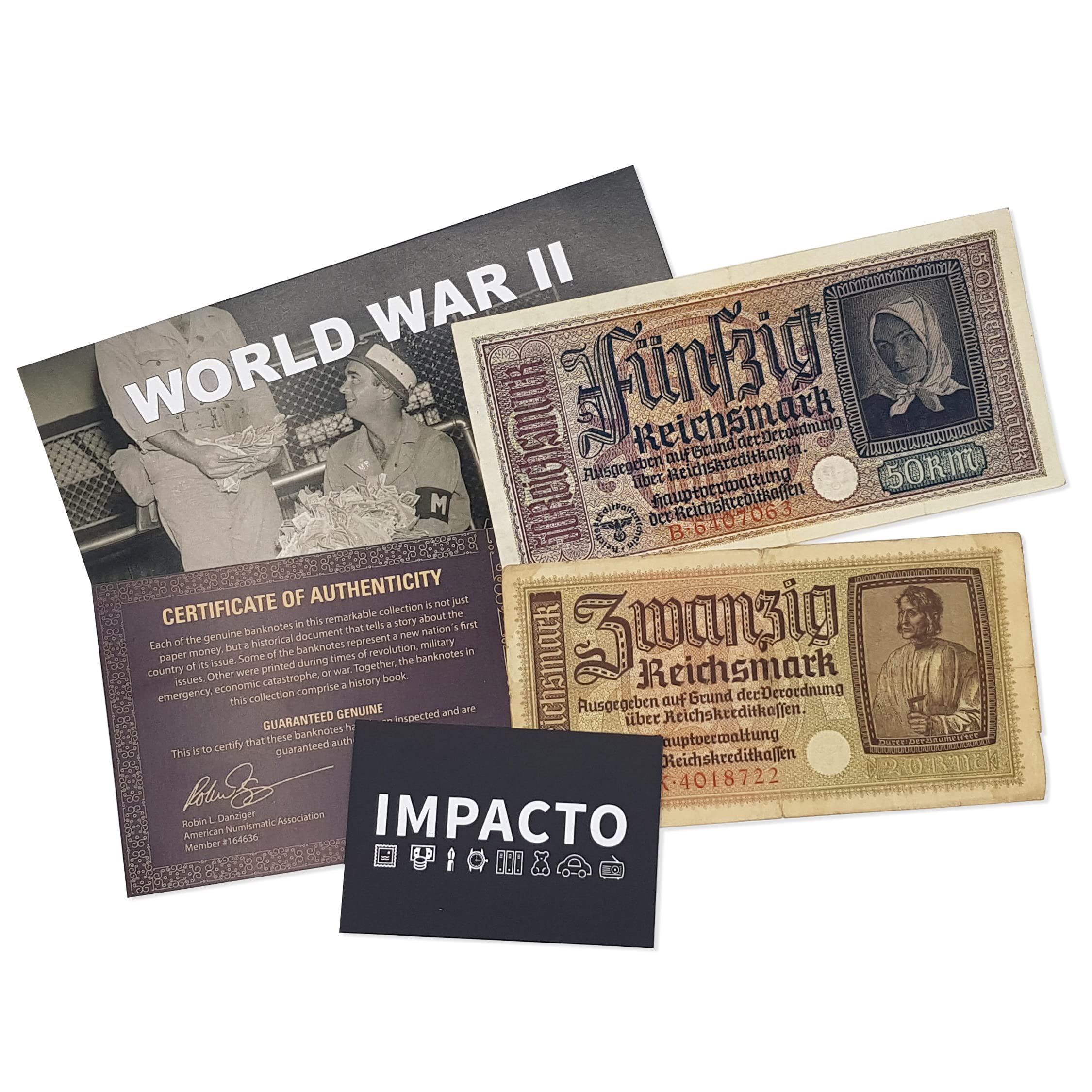 IMPACTO COLECCIONABLES 2 Billets Authentiques du Reich Allemand (1939-1945) - Pièces Historiques de la Seconde Guerre Mondiale - Certificat d’Authenticité
