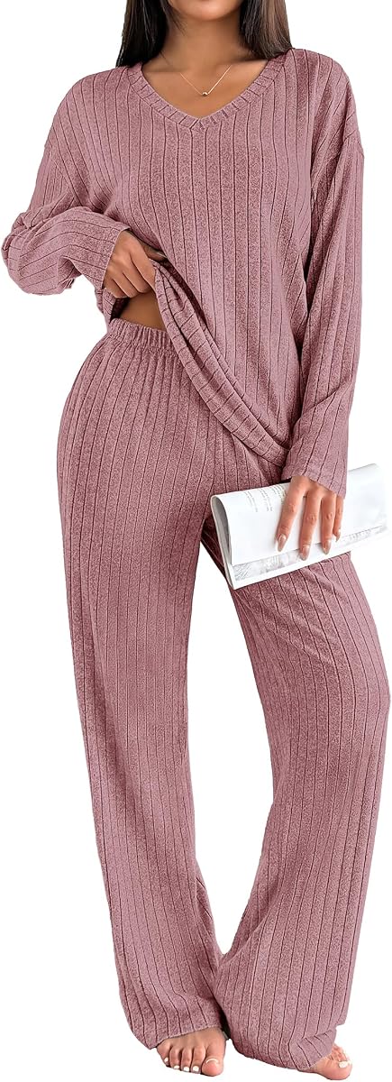 Conjuntos de salón para mujer de manga larga de punto acanalado conjuntos de pijama de 2 piezas casual con bolsillos