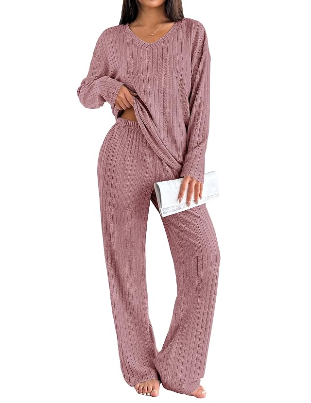 Ekouaer Lounge Sets for Women Long Sleeve Knit Ribbed Pajama Sets 2 Piece Casual Loungewear with Pockets