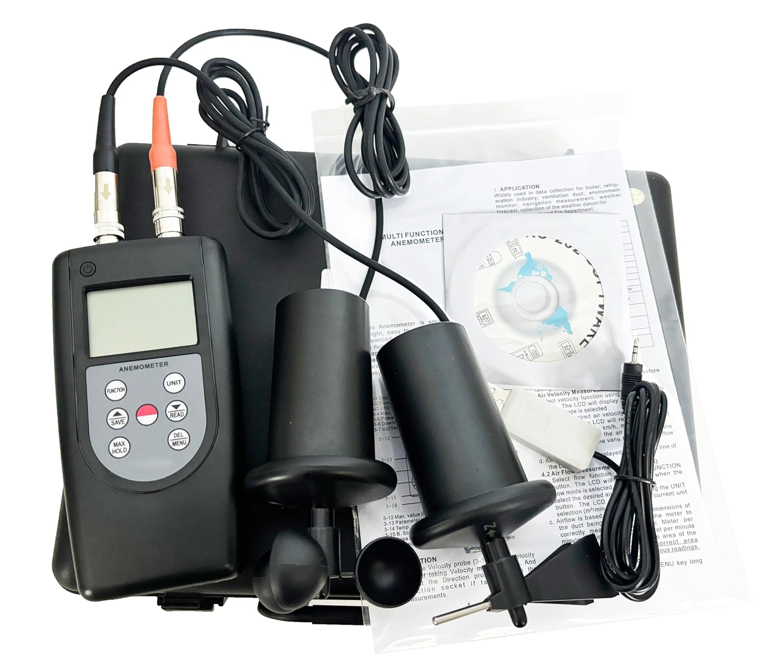 Thermo Anemometer with USB Data Cable and Software Wind Speedometer with Air Velocity 0.4~45.0m/s Direction 0~360° Air Flow Range 0~9999CMM/CFM Air Temperature 32~140°F/0~60°C