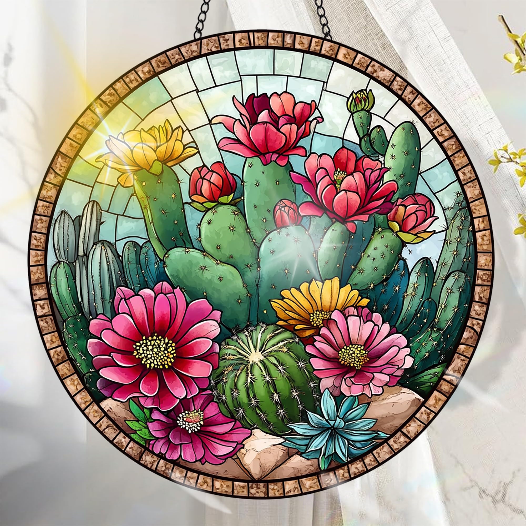 Colorful Acrylic Suncatcher, Cactus Hanging Window Decor with Printed Stained Glass Style Design Sun Catcher, Rainbow Maker Wall Art, Gift Idea & Garden Ornament Indoor Outdoor Use 7.8 x 7.8 inch