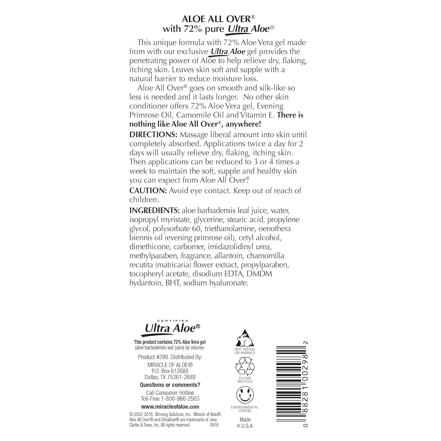 Miracle of Aloe Aloe All Over Super Moisturizing Dry Skin Lotion 32 oz - Made with 72% UltraAloe Aloe Vera Gel. Safe for Everyone: Men, Women, Kids. Restores Dry Skin Fast