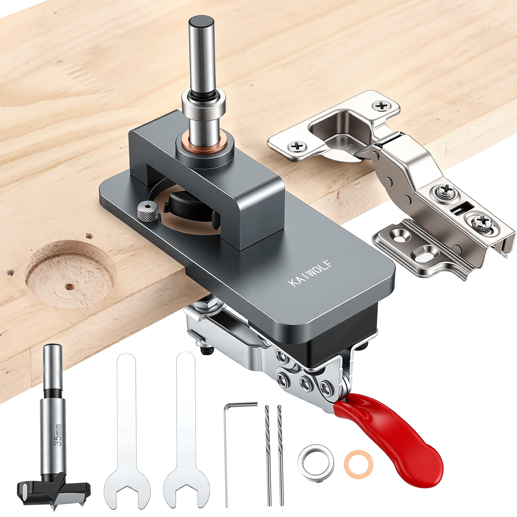 35MM Metal Concealed Hinge Jig, Quick Clamp Hinge Drilling Guide, Accurate Woodworking Hole Puncher Locator for Door Cabinet Hinge Mounting, Aluminum Alloy Hinge Installation Tool with Drill Bits