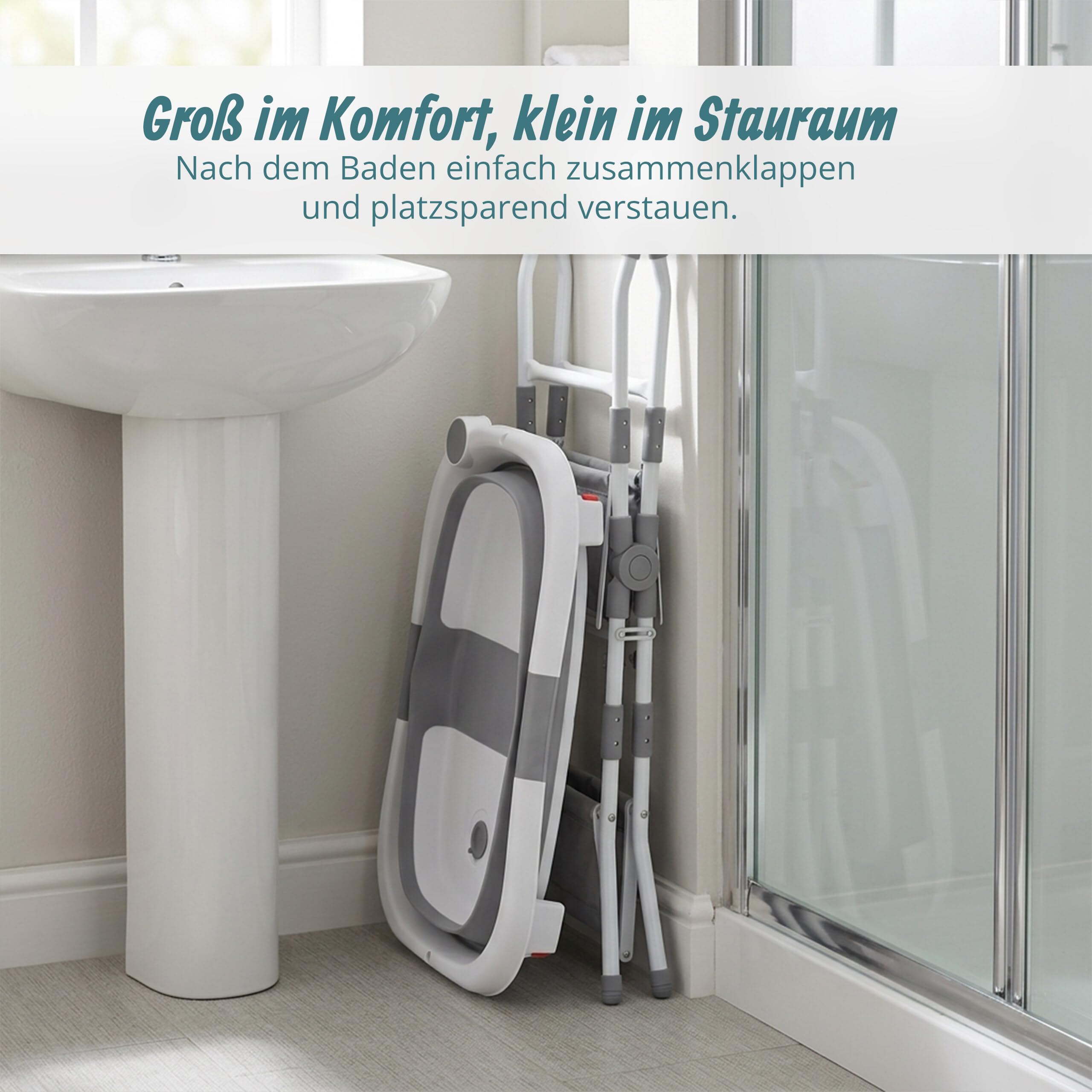 Relaxdays Babybadewanne faltbar, mit Gestell & Kissen, Babywanne, weiß/grau | bis 40 kg, HBT: 20,5x65x45,5 cm, Badewanne
