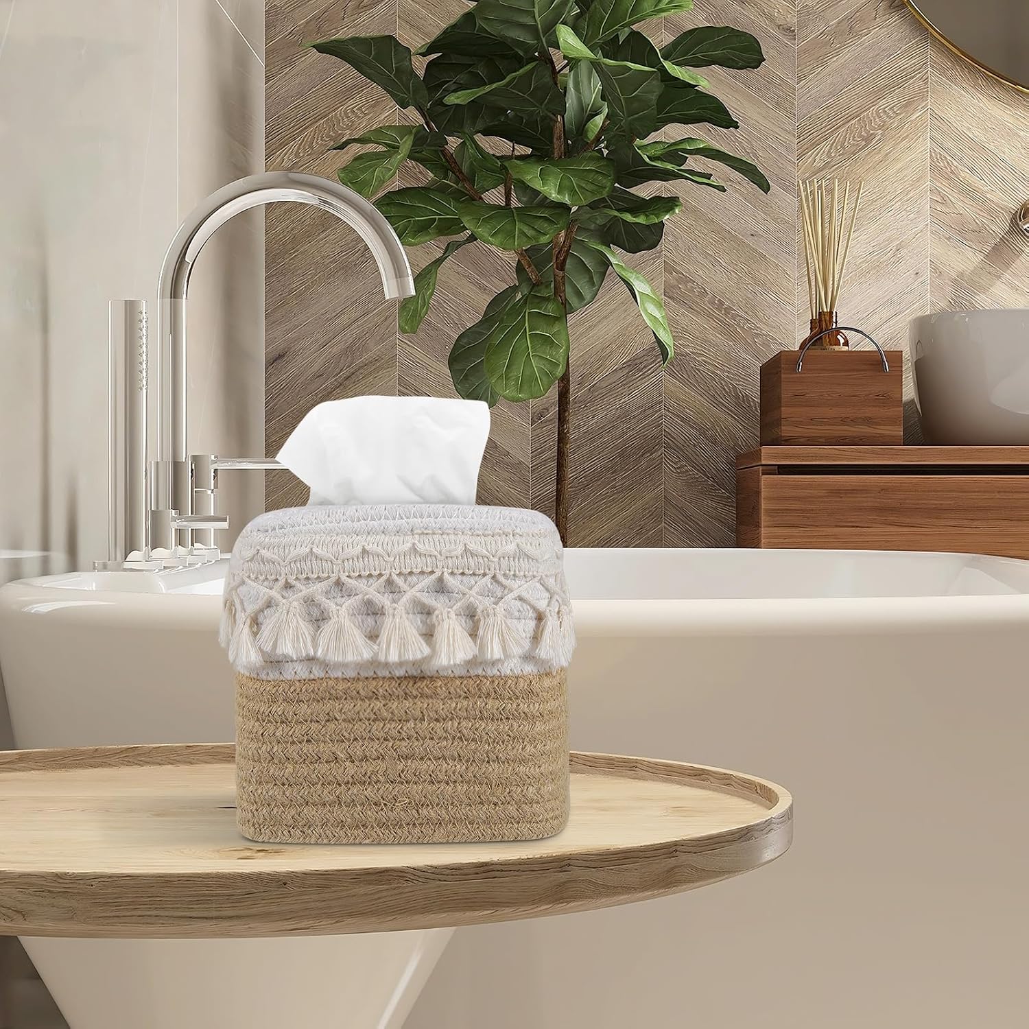 Boho Tissue Box Cover: Natural Handwoven Square Cover for Bathroom
