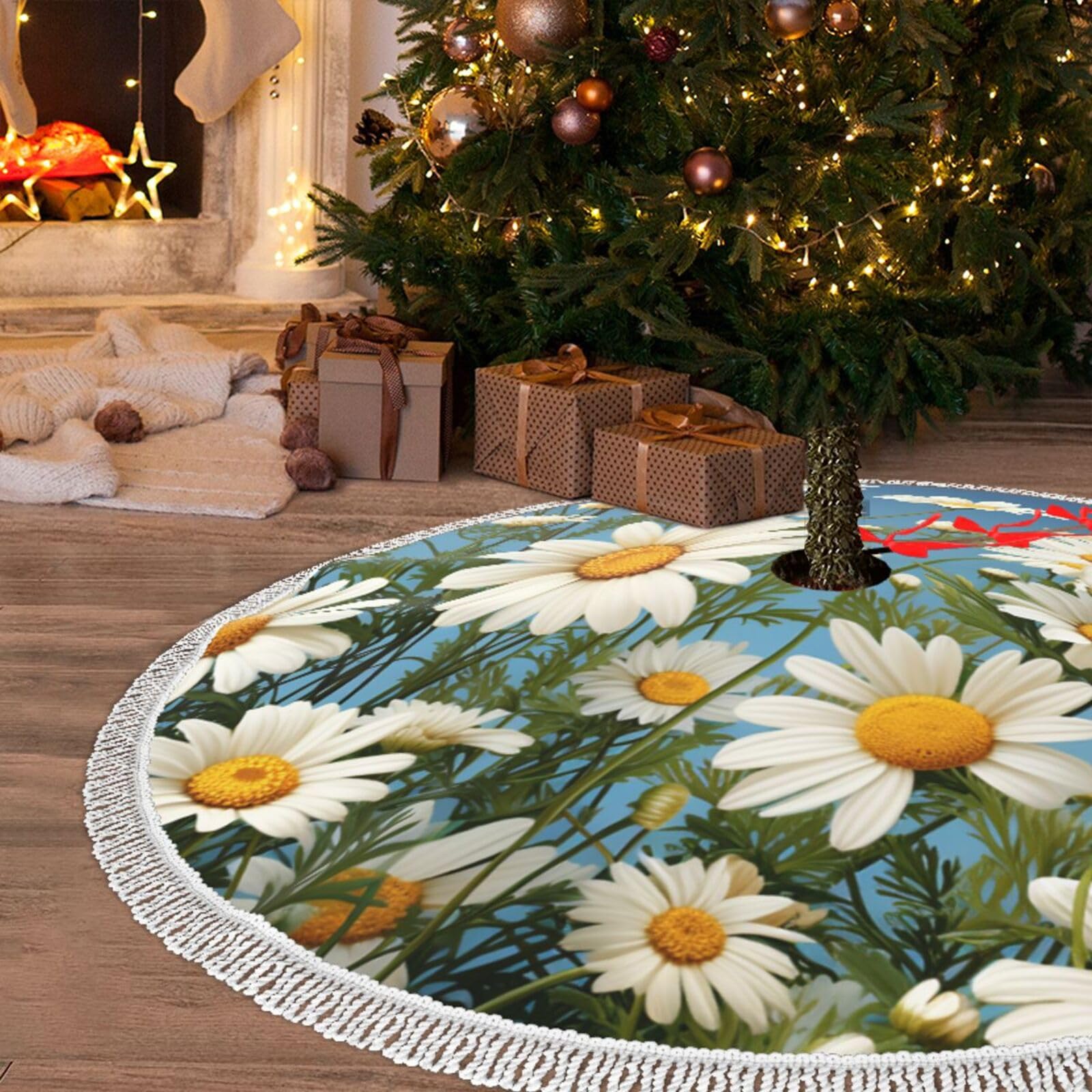 Jupe de sapin de Noël grand tapis de sapin motif floral camomille 121cm