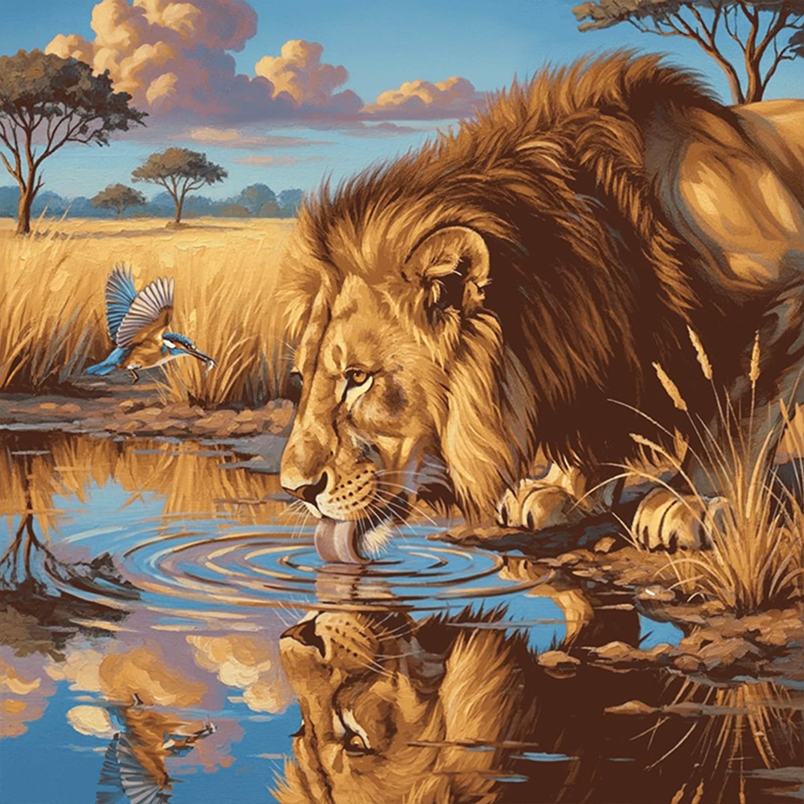 Poetrydraw Savannah Lion 5D Diy Full Square Drill Diamond Art Painting Kits For Adults Beginners Home Decor Diamond Art Gem Art Kits Diamonds Paintings Gem Art 17.72X17.72inch (Savannah Lion)