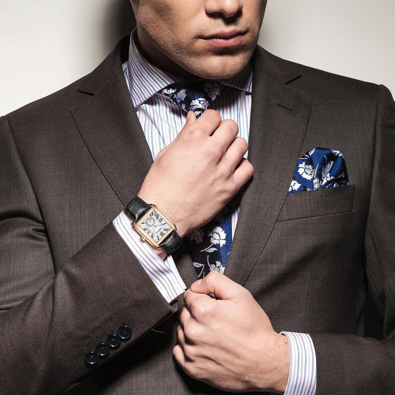 Lancardo Retro Men Square Watch: Quartz Calendar Leather Starp Independent Second Dial Dress Wrist Watch for Men Black Brown - Image 5