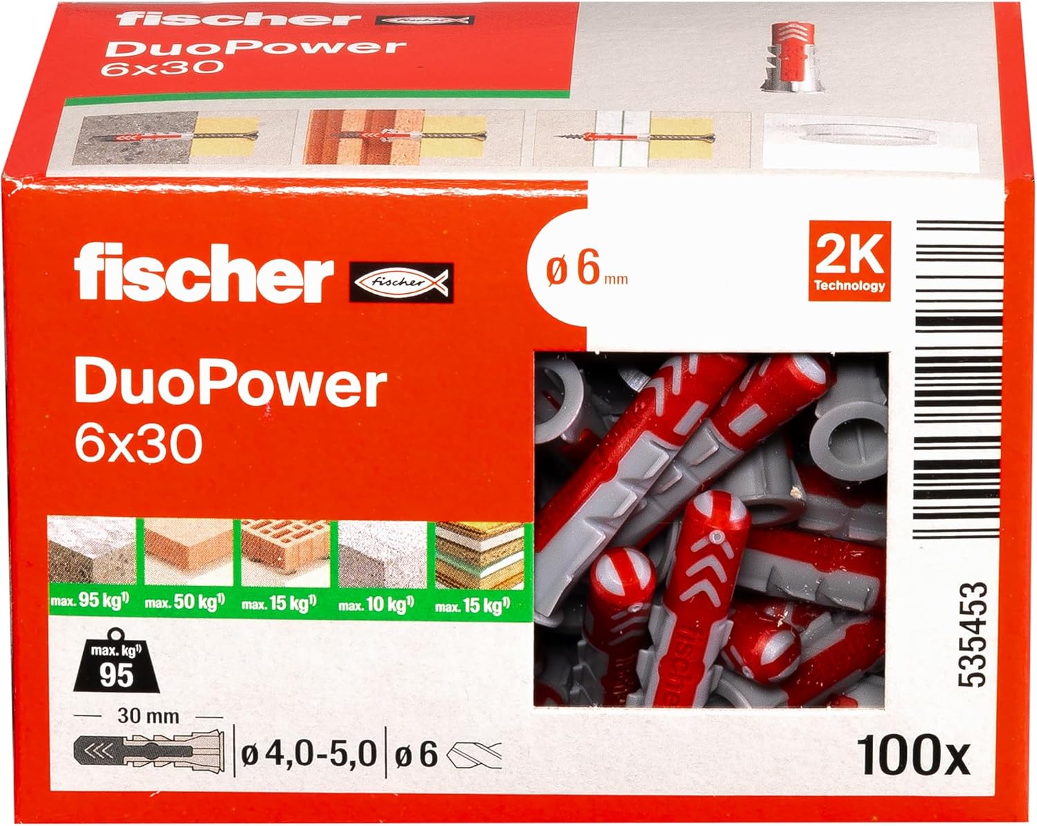 Fischer DuoPower 6 x 30, Powerful Universal Plug with Intelligent 2-Component Technology for fastenings in Concrete, Bricks, Gypsum plasterboard, chipboard, etc., 100 Plugs Without Screws
