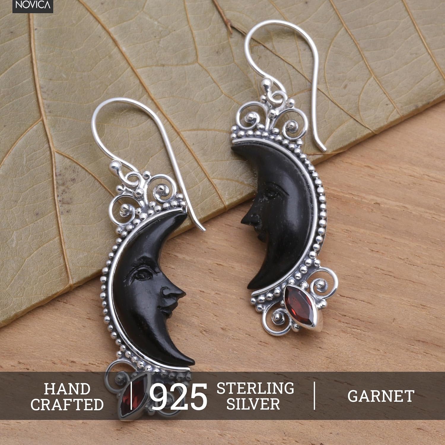 NOVICA Artisan Handmade Garnet Buffalo Horn Dangle Earrings Silver Moon with Water Sterling Indonesia Sun Birthstone Balinese Traditional Gemstone [1.6 in L x 0.4 in W x 0.2 in D] ' Dark Crescent