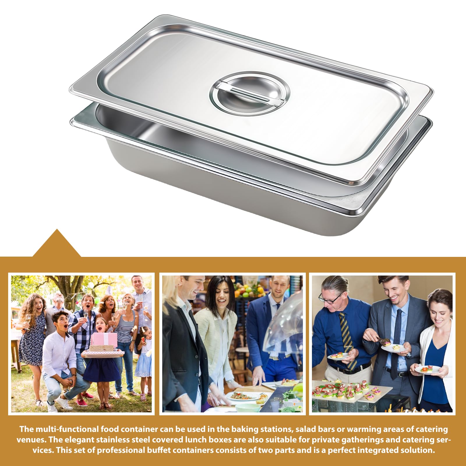 2 recipientes de acero inoxidable con tapa: recipiente para servir: Premium 32,5 x 17,5 x 6,5 cm, recipientes para alimentos, juego de cuencos para buffet catering para cubrir y servir