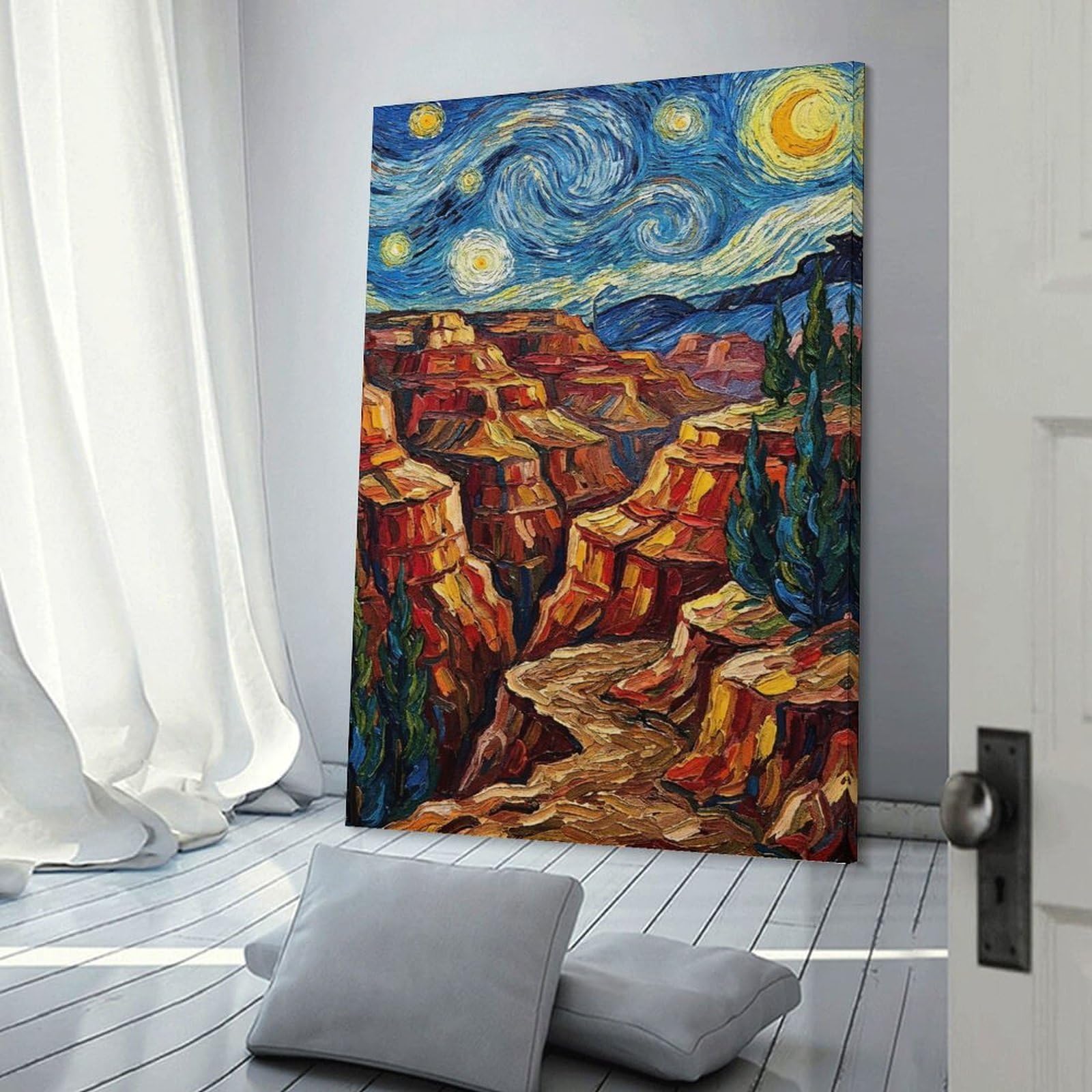 Junmoney Canvas Wall Picture Grand Canyon Starry Night Painting, 24x36inch(60x90cm), for Office, Study Or Home Workspace, Canvas Wall Decor for Creative Rooms