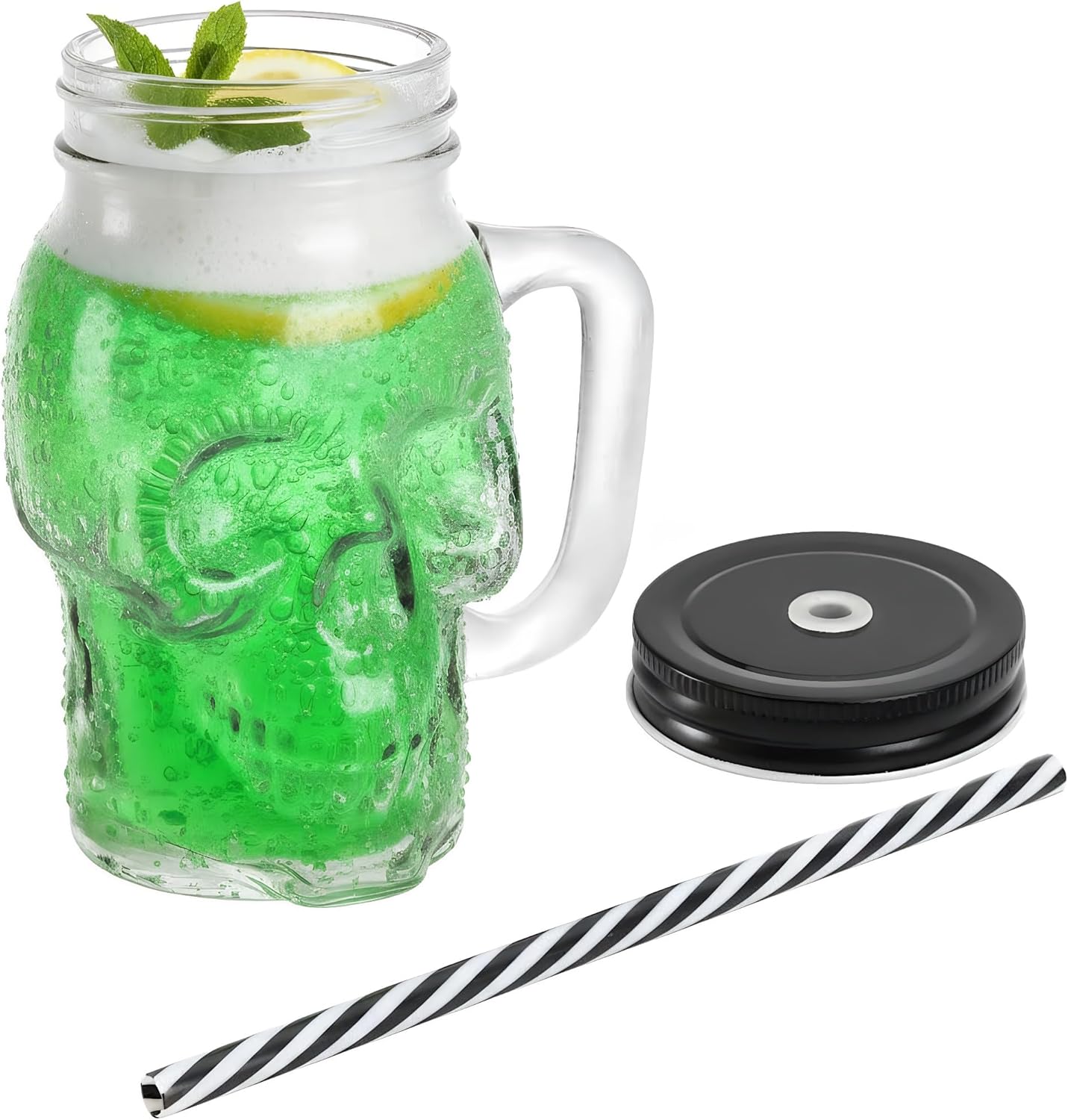 TOPZEA 6 Pack Skull Mason Jars with Handle, 16 Oz Glass Beer Mugs Gothic Wide Mouth Tumbler Cup with Straws and Lids, Novelty Pub Bar Mug Halloween Drinking Glasses for Beverage, Liquor, Mix Cocktail - Image 3