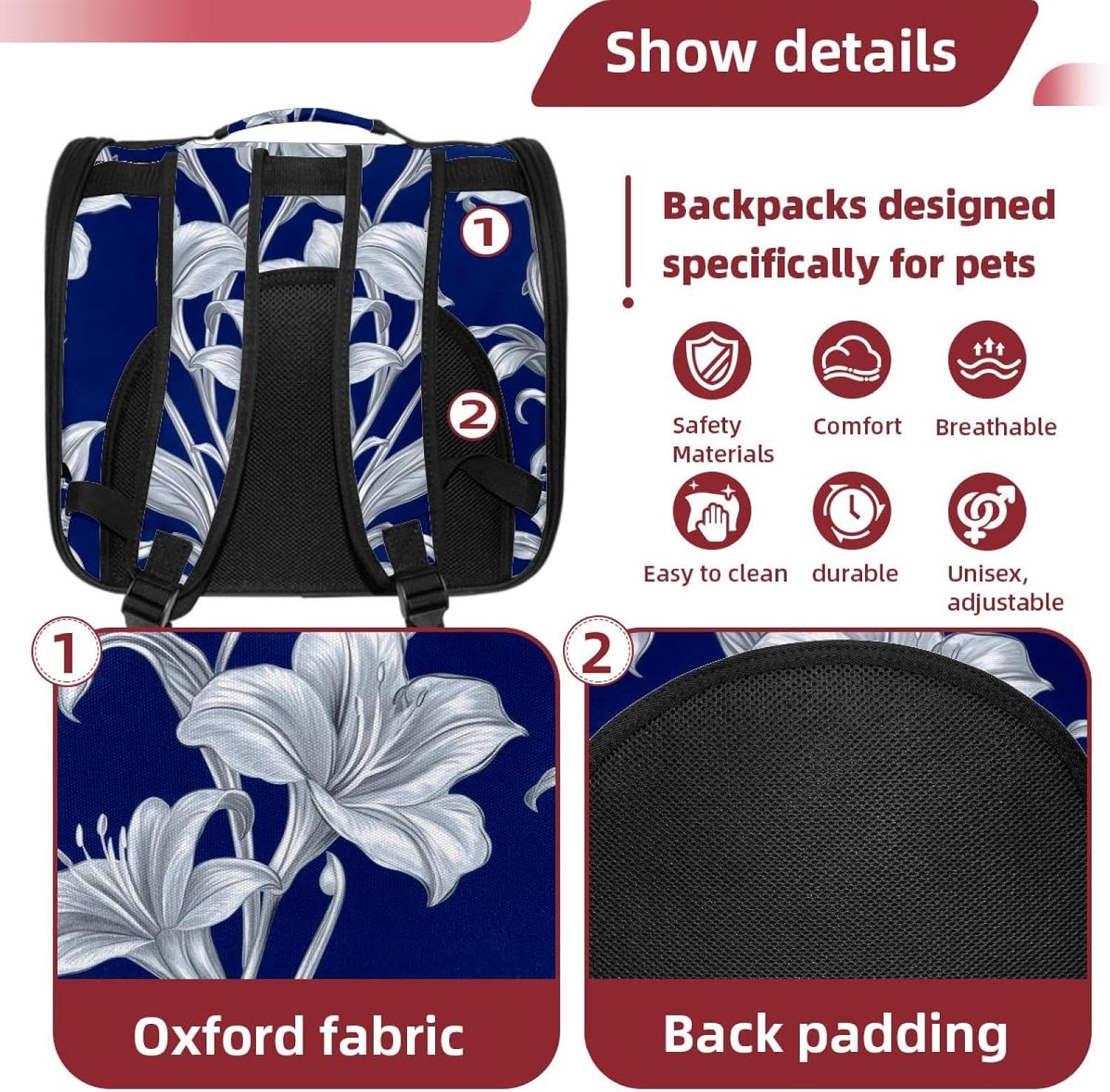 Cat Backpack Carrier for Small Dogs Cats, Soft-Sided Pet Carrier Backpack with Ventilated Mesh Windows and Safety Leash, Silver Royal Lily on Blue Background