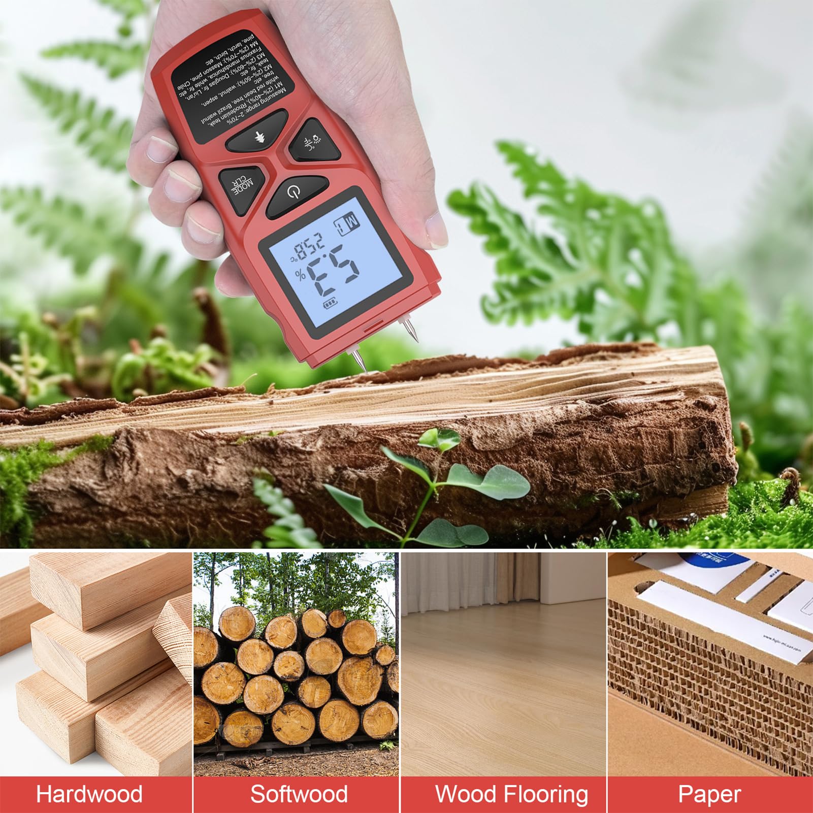 Mulcort Wood Moisture Meter Thermometer for Hard Wood Soft Wood Paper Bamboo Herbs LCD Display High Precision and Fast Response Data Hold Low Battery Indication 4 Measuring Range, Red