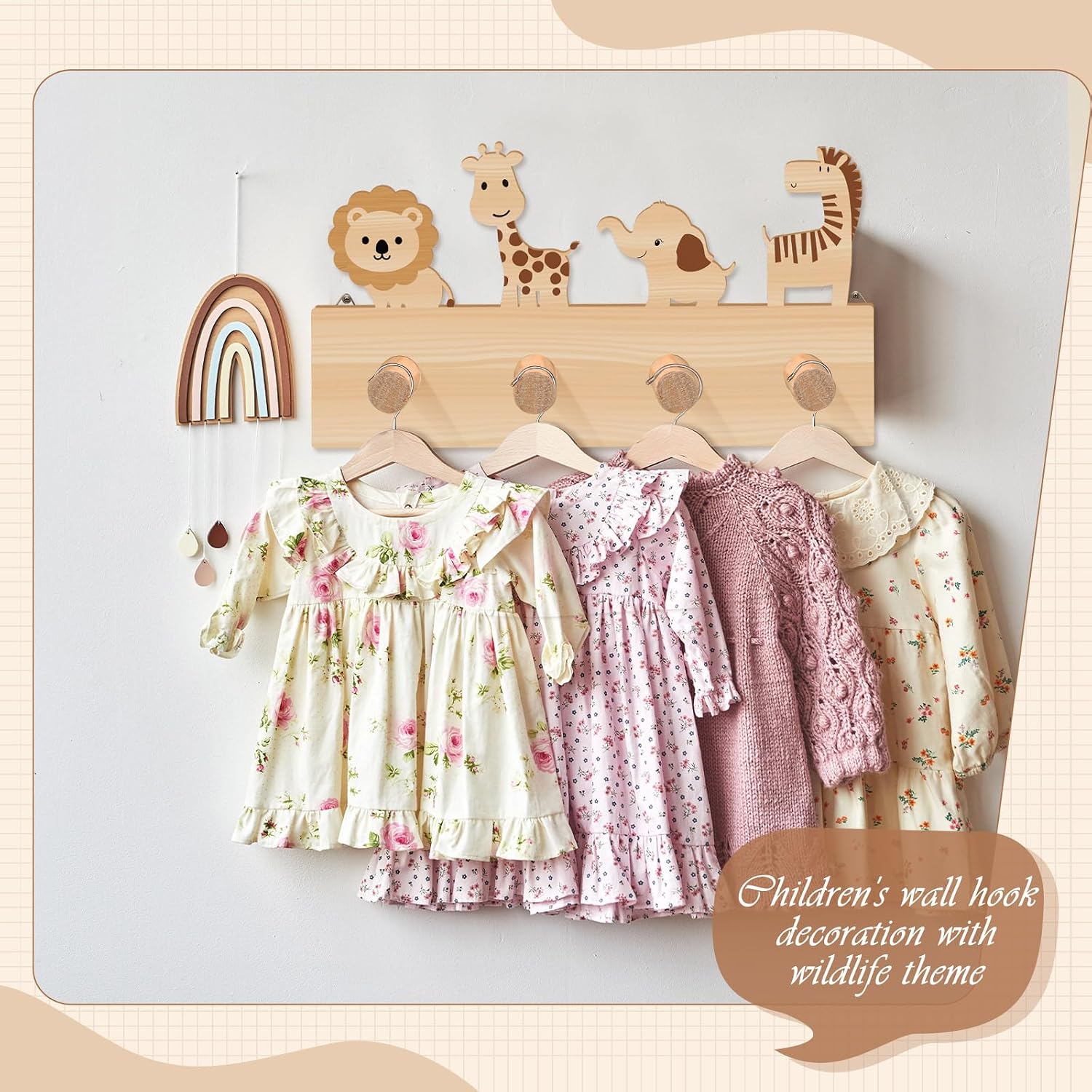 RattanView Safari Animal Decorative Wall Hook for Kids Jungle Forest Animals Wooden Coat Hook Hanger for Baby Nursery Playroom Bedroom Home Decor with Lion Elephant Zebra Giraffe(Safari Animal)