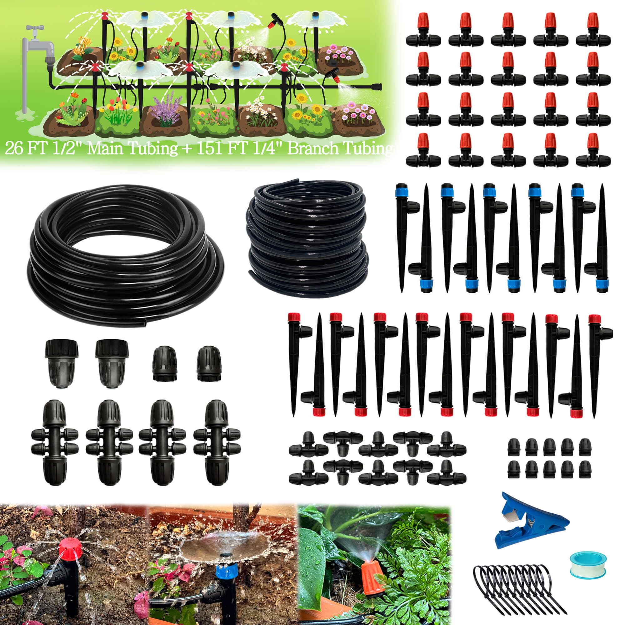 177 FT Drip Irrigation Kit, Patio Misting Plant Watering System with 1/2'' 1/4'' Tubing Hose and Adjustable Nozzle Emitters New Locked Design, Complete Greenhouse Micro Irrigation System