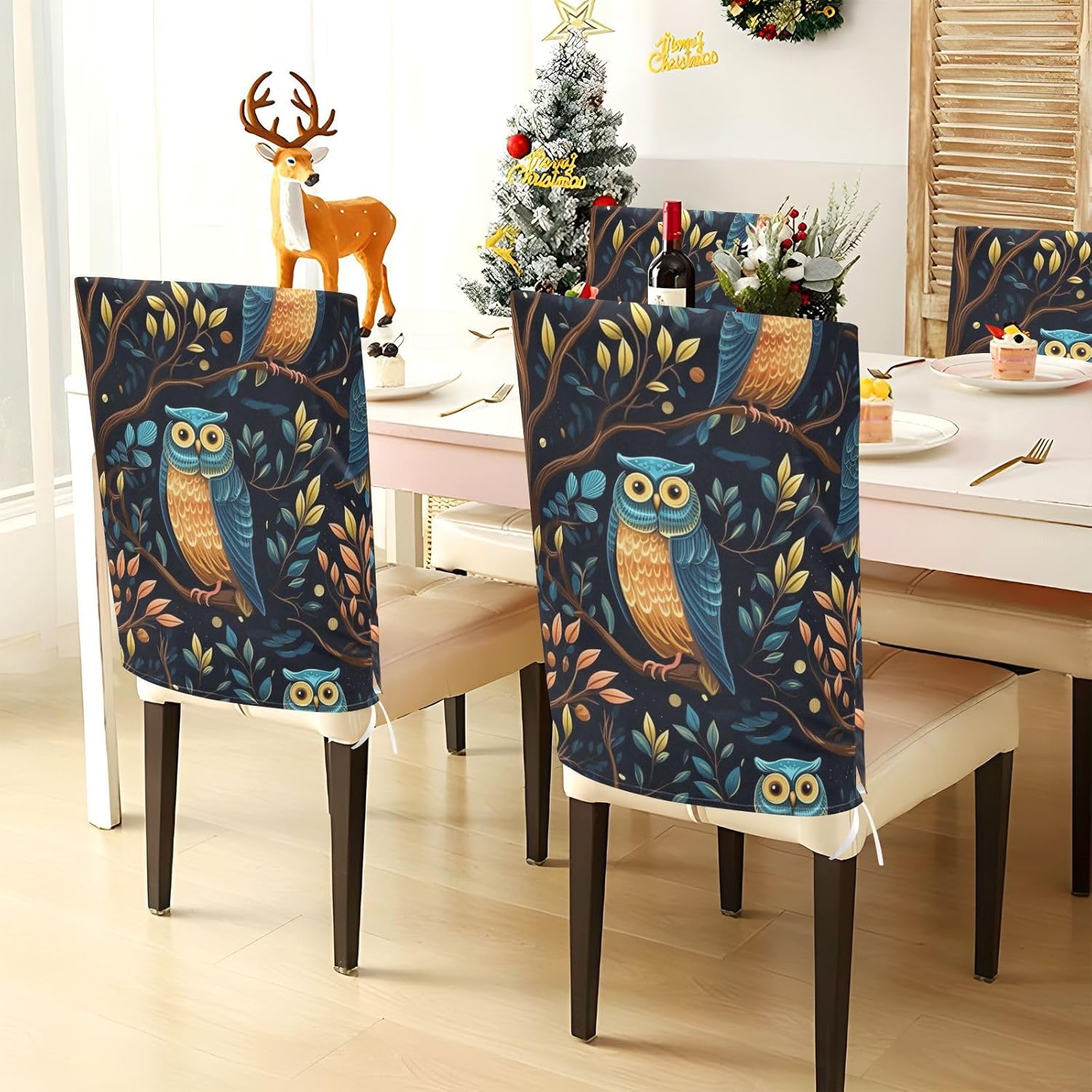 ALAZA Owl Colorful Leaves Chair Back Cover Set of 6, Washable Reusable Removable Chair Slipcovers Decorative Chair Cover for Home Kitchen Wedding Party