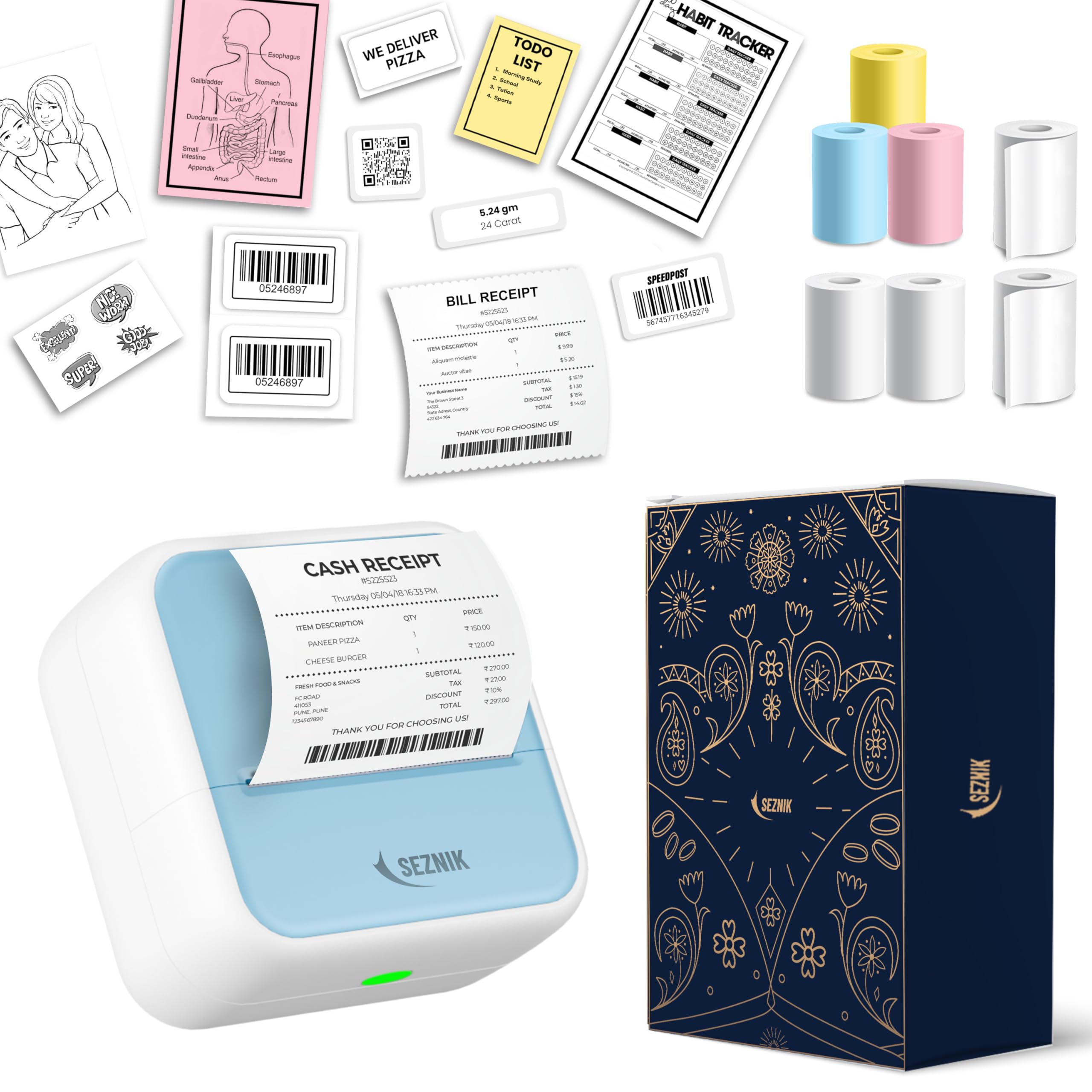 SEZNIK Mini Printer, Inkless, Bluetooth, Portable Printer, Compatible with Android, iOS Mobile. 1 Year Warranty (MiniX-Blue-Gift)