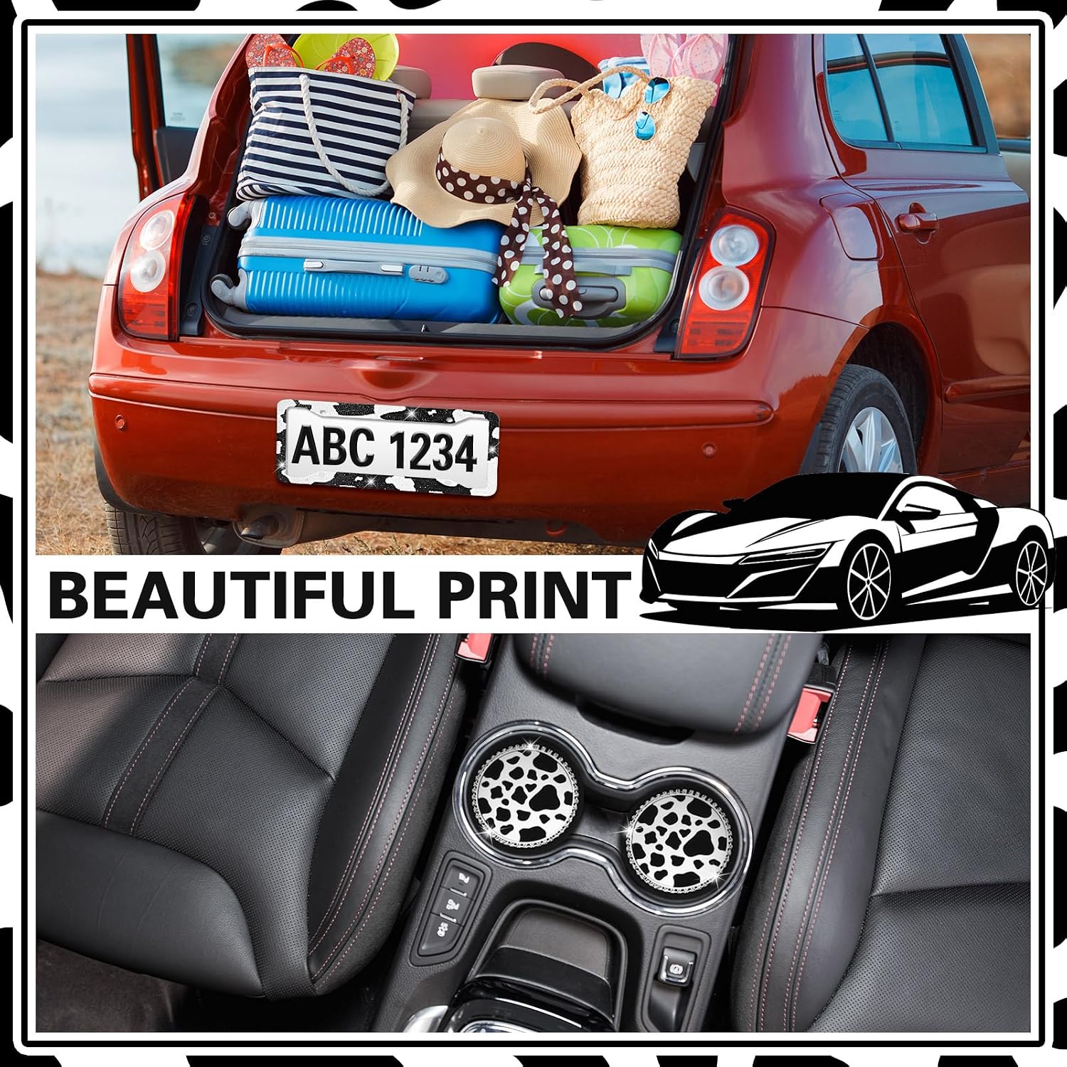 DaisyInner 3 Pcs Sparkly Car Accessories with Rhinestone License Plate Frame and 2 Pcs Bling Anti Slip Cup Holder for Women Girly Glitter Tag Frames Rust Proof Auto Decoration(Cow,Black White)