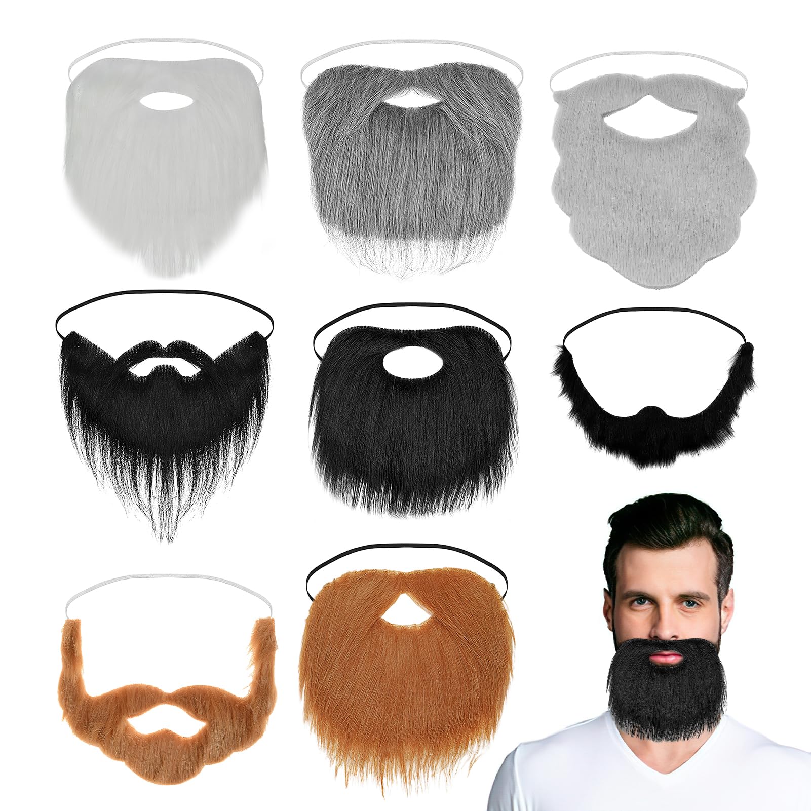 Fake Beard, 8 Pcs Fake Mustaches, Funny Fake Beard with Adjustable Elastic Strap, Costume Accessories for Halloween, Party, Cosplay