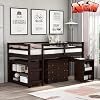 DOONHEXS Luxurious Kids Low Study Loft Bed,Solid Wood Twin Loft Bed Frame with Rolling Portable DeskStorage ShelfGuard RailCabinet for Bedroom and Dormitory,Space-Saving Design for Kids Espresso